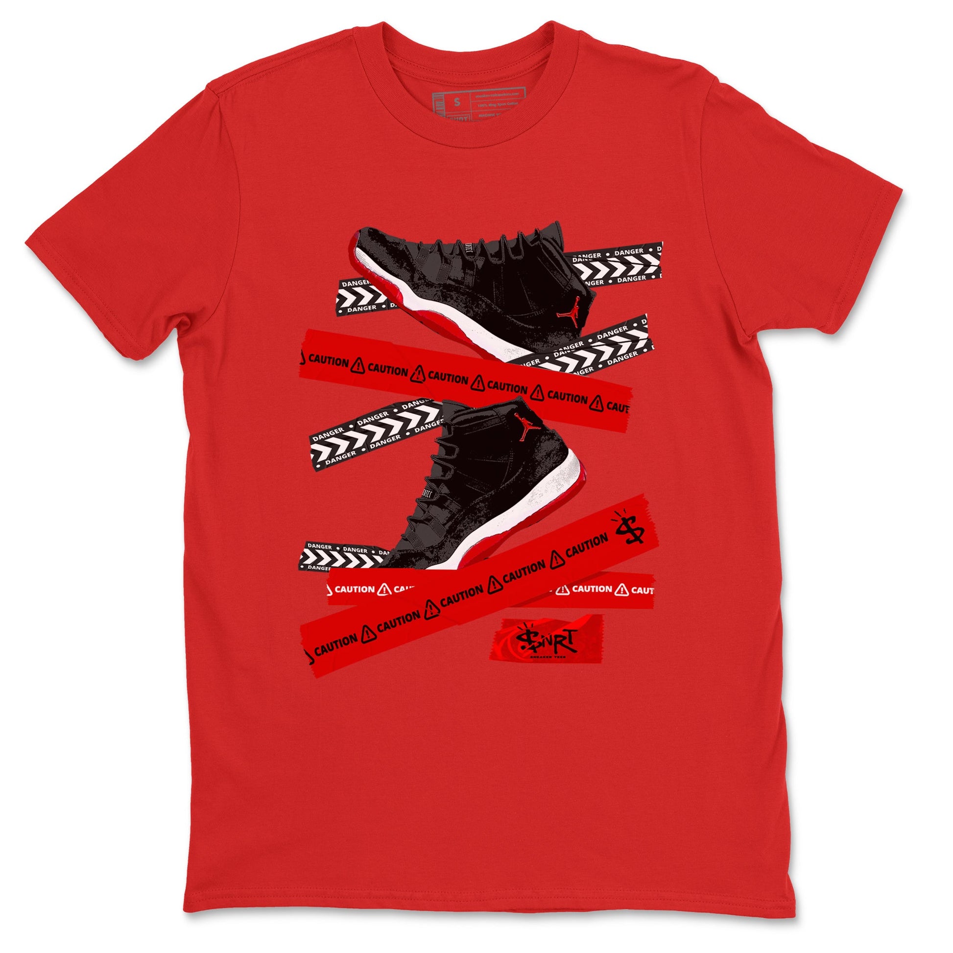 11s Bred Velvet shirts to match jordans Caution Tape sneaker match tees Air Jordan 11 Bred Velvet SNRT Sneaker Release Tees unisex cotton Red 2 crew neck shirts
