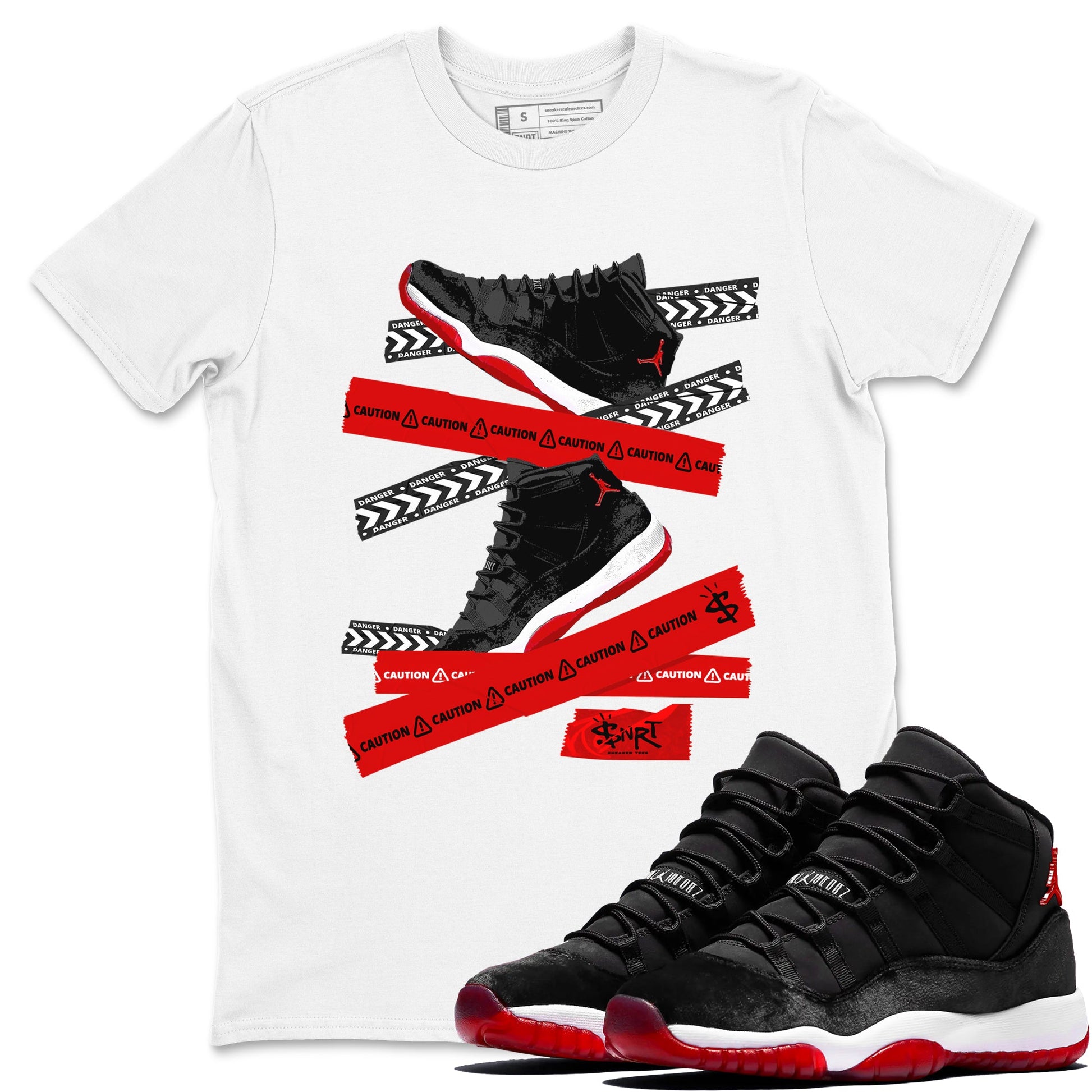 11s Bred Velvet shirts to match jordans Caution Tape sneaker match tees Air Jordan 11 Bred Velvet SNRT Sneaker Release Tees unisex cotton White 1 crew neck shirts