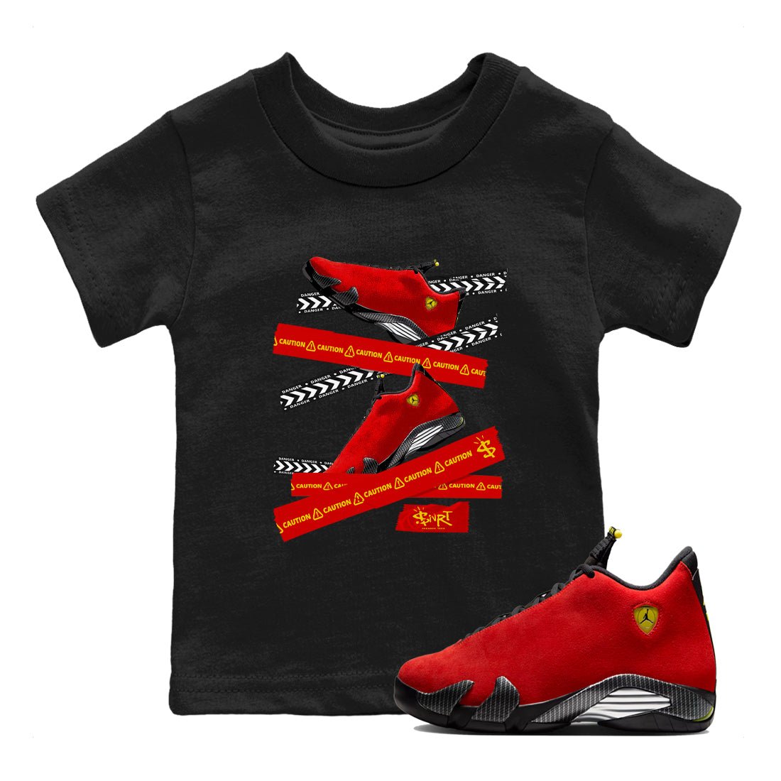 Caution Tape baby and kids t-shirt crafted for little sneakerheads to shine with the Air Jordan 14 Challenge Red sneakers, AJ14 Ferrari, displayed in Black 1.