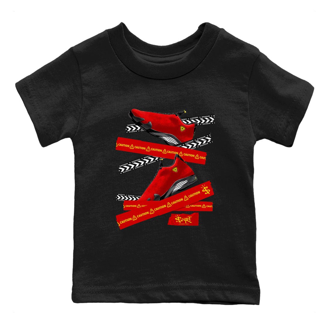 Caution Tape baby and kids t-shirt crafted for little sneakerheads to shine with the Air Jordan 14 Challenge Red sneakers, AJ14 Ferrari, displayed in Black 2.