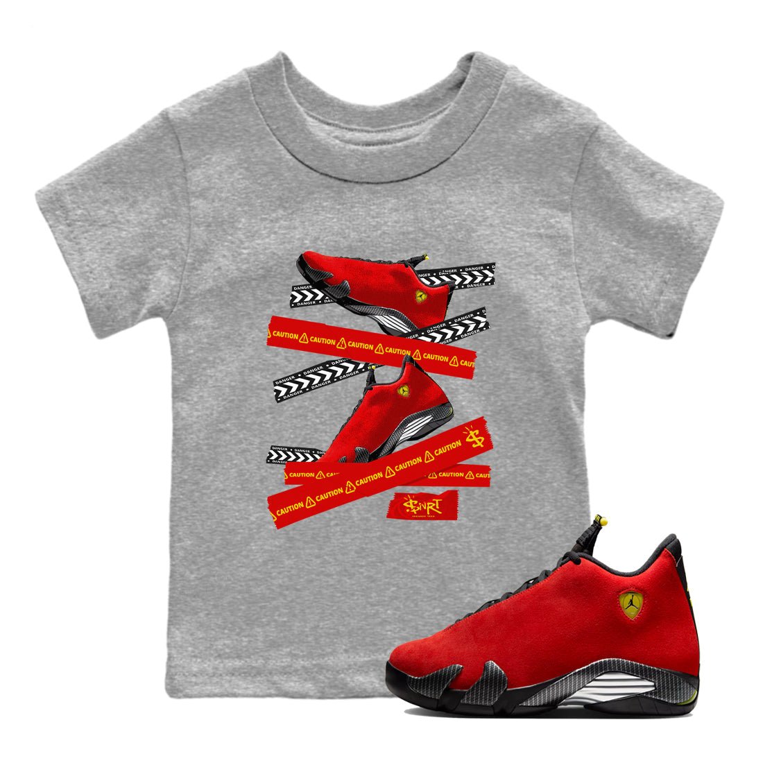 Caution Tape baby and kids t-shirt crafted for little sneakerheads to shine with the Air Jordan 14 Challenge Red sneakers, AJ14 Ferrari, displayed in Heather Grey 1.