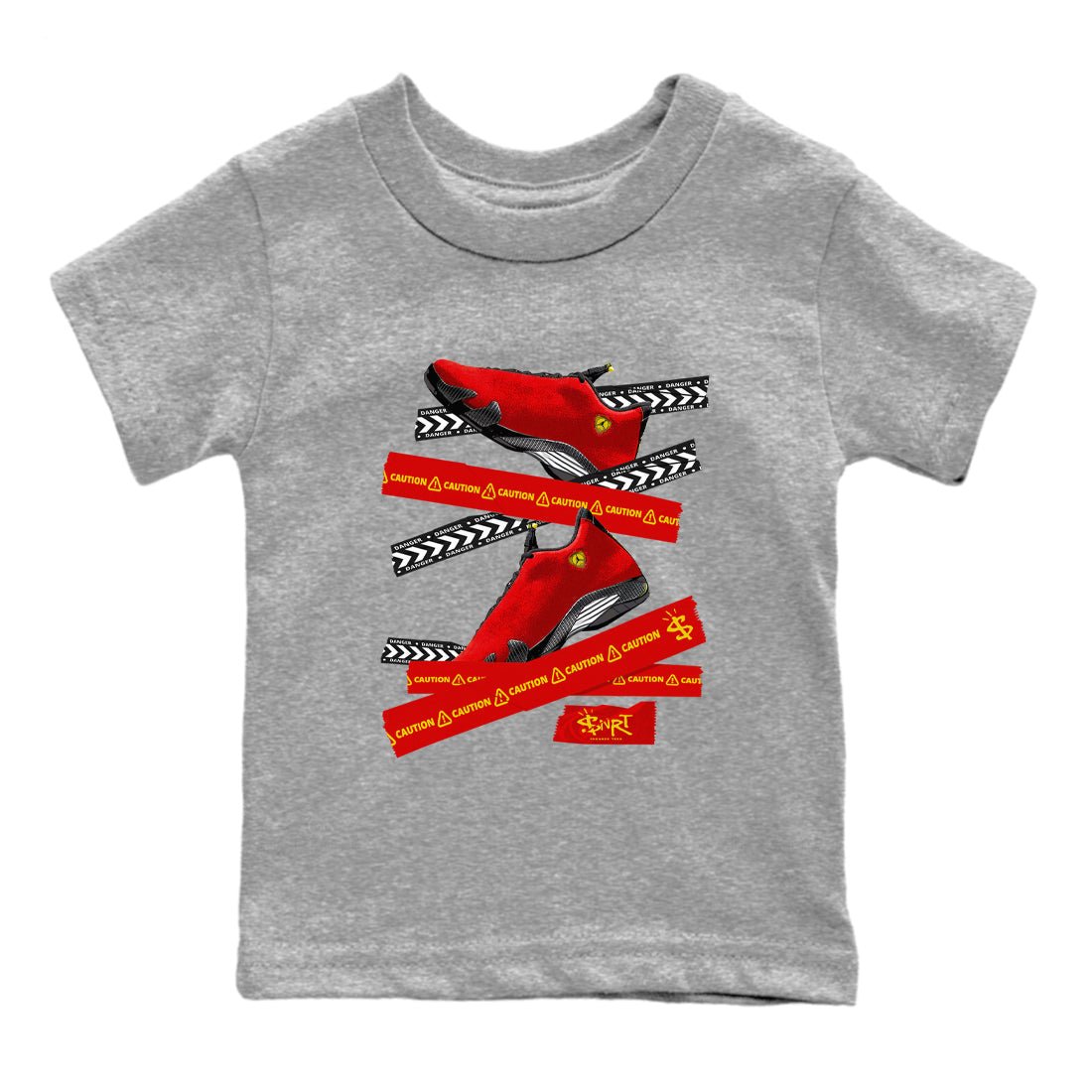 Caution Tape baby and kids t-shirt crafted for little sneakerheads to shine with the Air Jordan 14 Challenge Red sneakers, AJ14 Ferrari, displayed in Heather Grey 2.