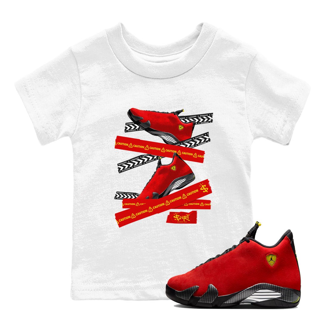Caution Tape baby and kids t-shirt crafted for little sneakerheads to shine with the Air Jordan 14 Challenge Red sneakers, AJ14 Ferrari, displayed in White 1.