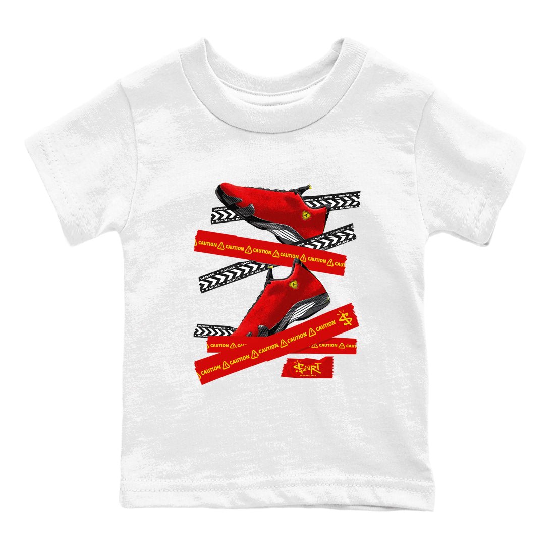 Caution Tape baby and kids t-shirt crafted for little sneakerheads to shine with the Air Jordan 14 Challenge Red sneakers, AJ14 Ferrari, displayed in White 2.