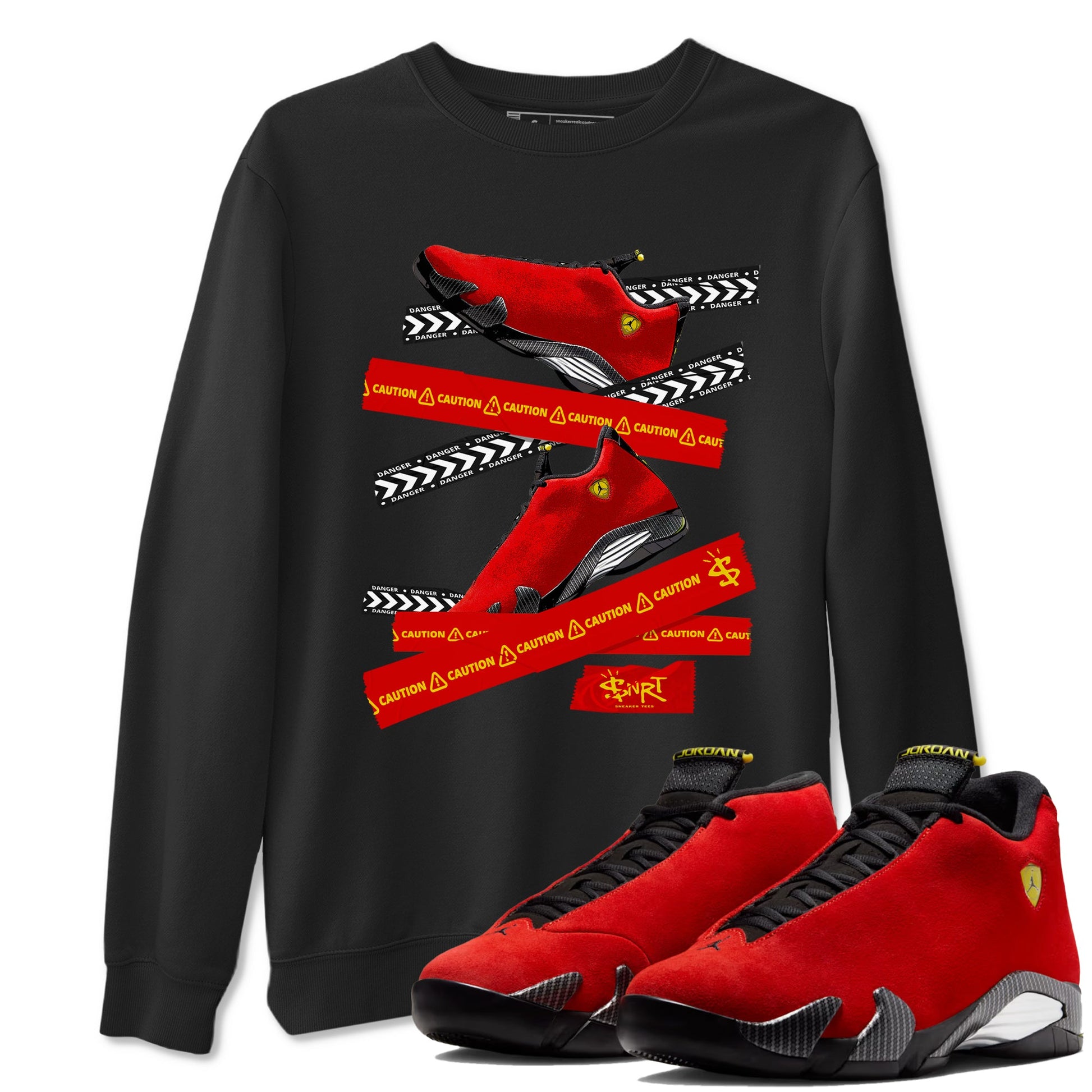 Caution Tape sneaker match t-shirt styled to complete your fit with the Air Jordan 14 Challenge Red sneakers, AJ14 Ferrari, shown in Black 1.