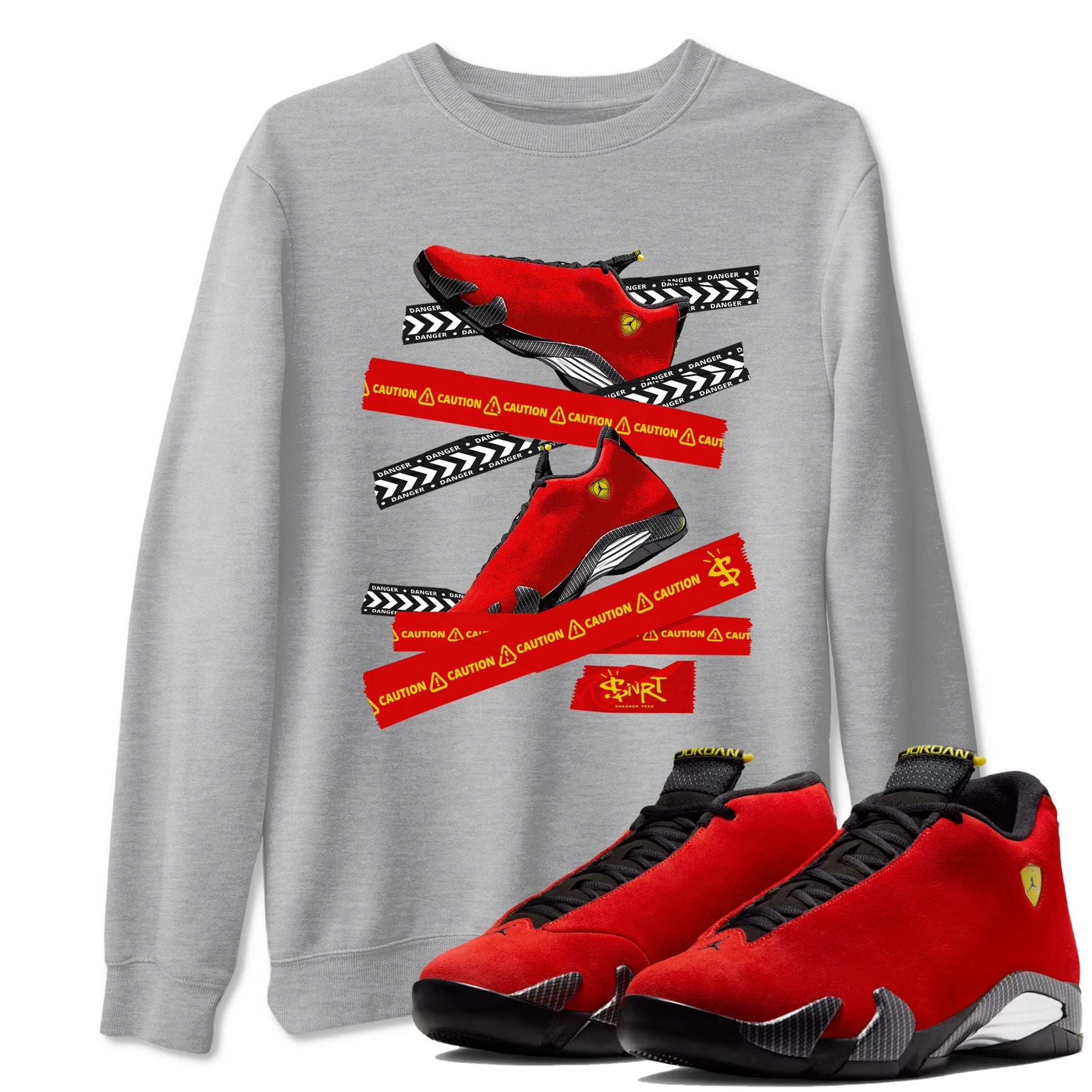 Caution Tape sneaker match t-shirt styled to complete your fit with the Air Jordan 14 Challenge Red sneakers, AJ14 Ferrari, shown in Heather Grey 1.