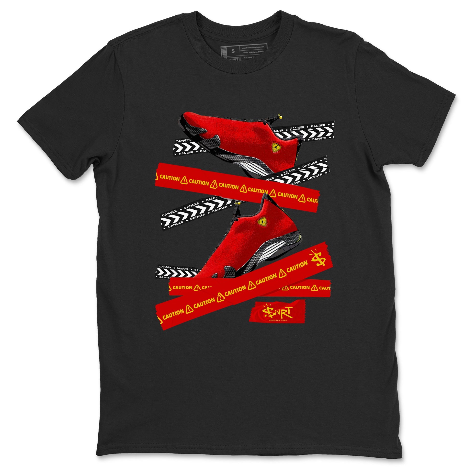 Caution Tape sneaker match t-shirt styled to complete your fit with the Air Jordan 14 Challenge Red sneakers, AJ14 Ferrari, shown in Black 2.