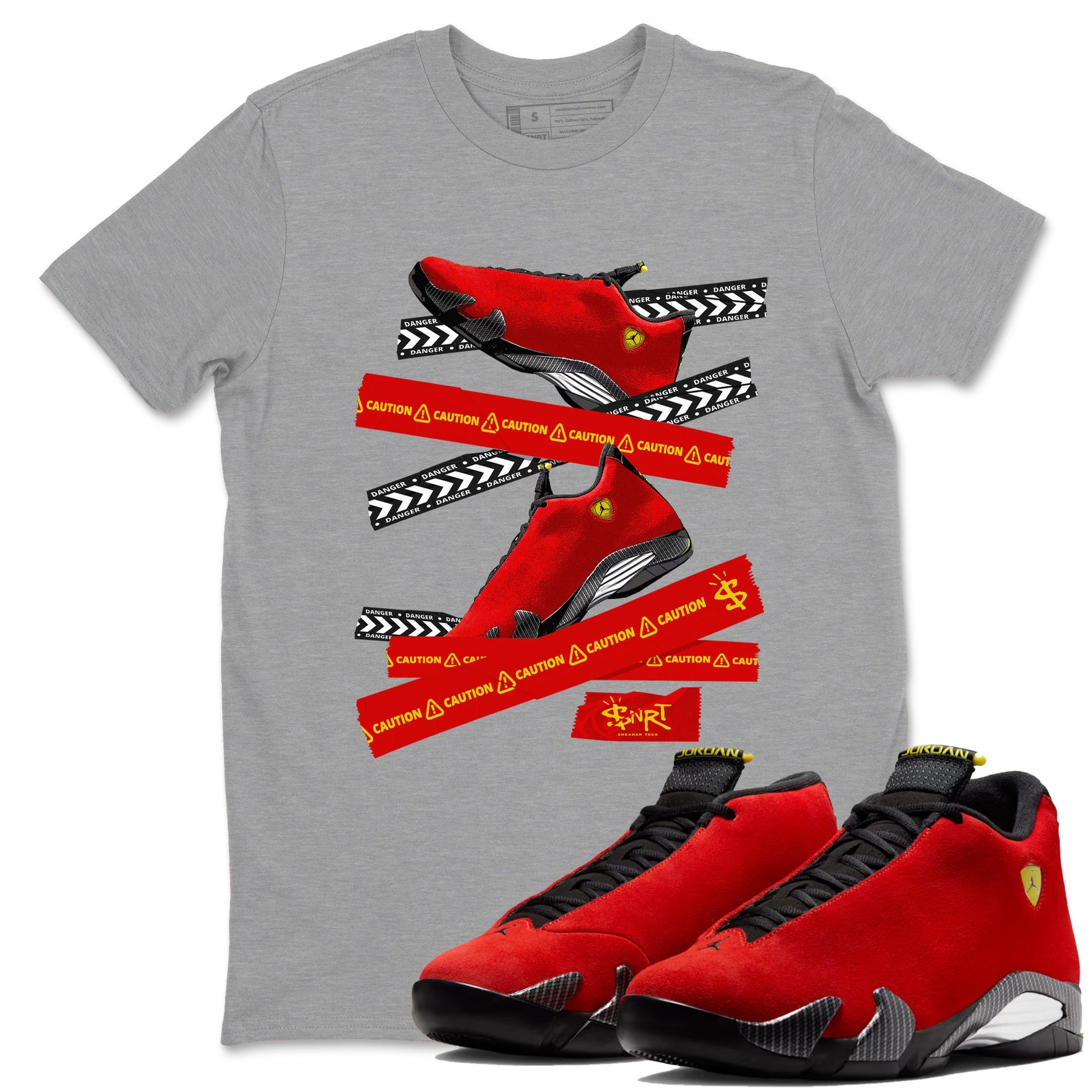Caution Tape sneaker match t-shirt styled to complete your fit with the Air Jordan 14 Challenge Red sneakers, AJ14 Ferrari, shown in Heather Grey 1.