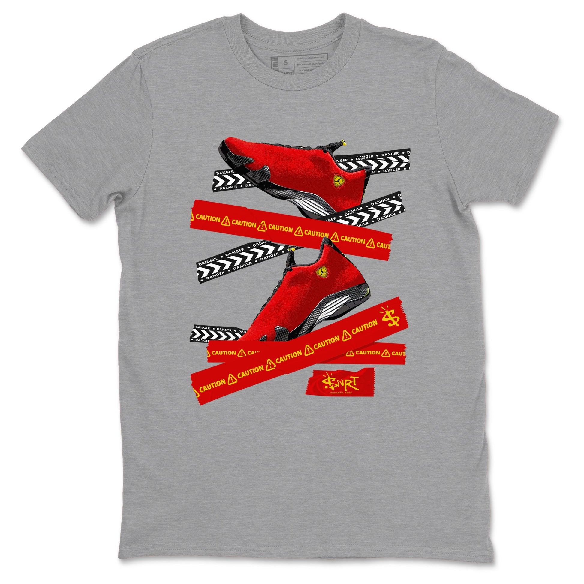Caution Tape sneaker match t-shirt styled to complete your fit with the Air Jordan 14 Challenge Red sneakers, AJ14 Ferrari, shown in Heather Grey 2.