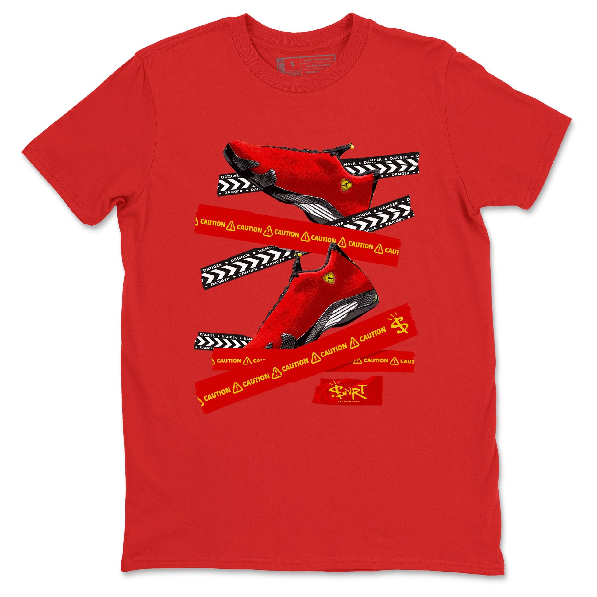 Caution Tape sneaker match t-shirt styled to complete your fit with the Air Jordan 14 Challenge Red sneakers, AJ14 Ferrari, shown in Red 2.