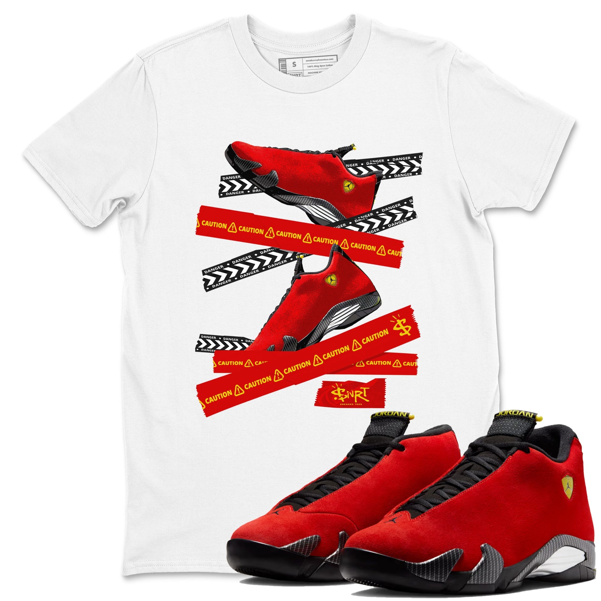 Caution Tape sneaker match t-shirt styled to complete your fit with the Air Jordan 14 Challenge Red sneakers, AJ14 Ferrari, shown in White 1.