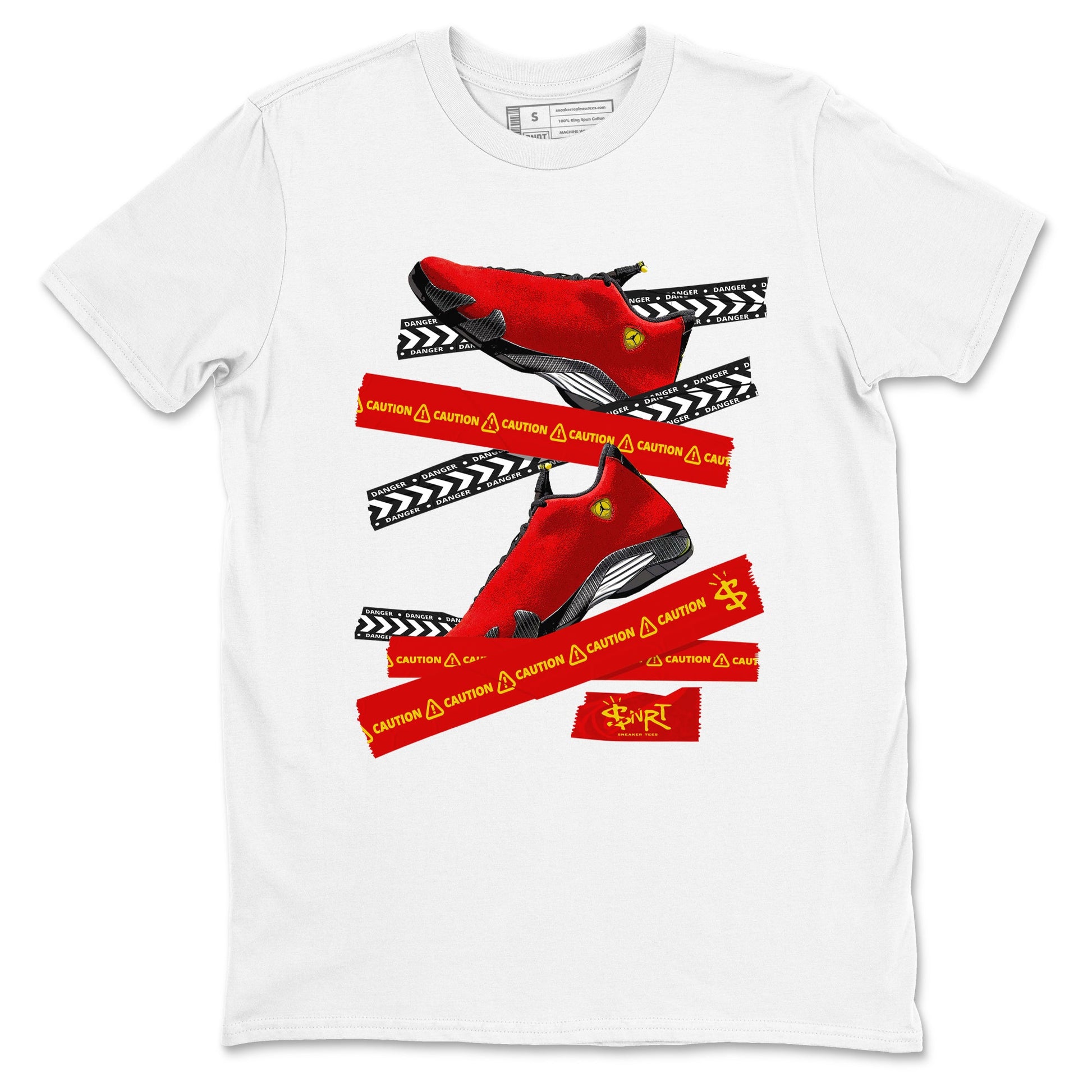Caution Tape sneaker match t-shirt styled to complete your fit with the Air Jordan 14 Challenge Red sneakers, AJ14 Ferrari, shown in White 2.