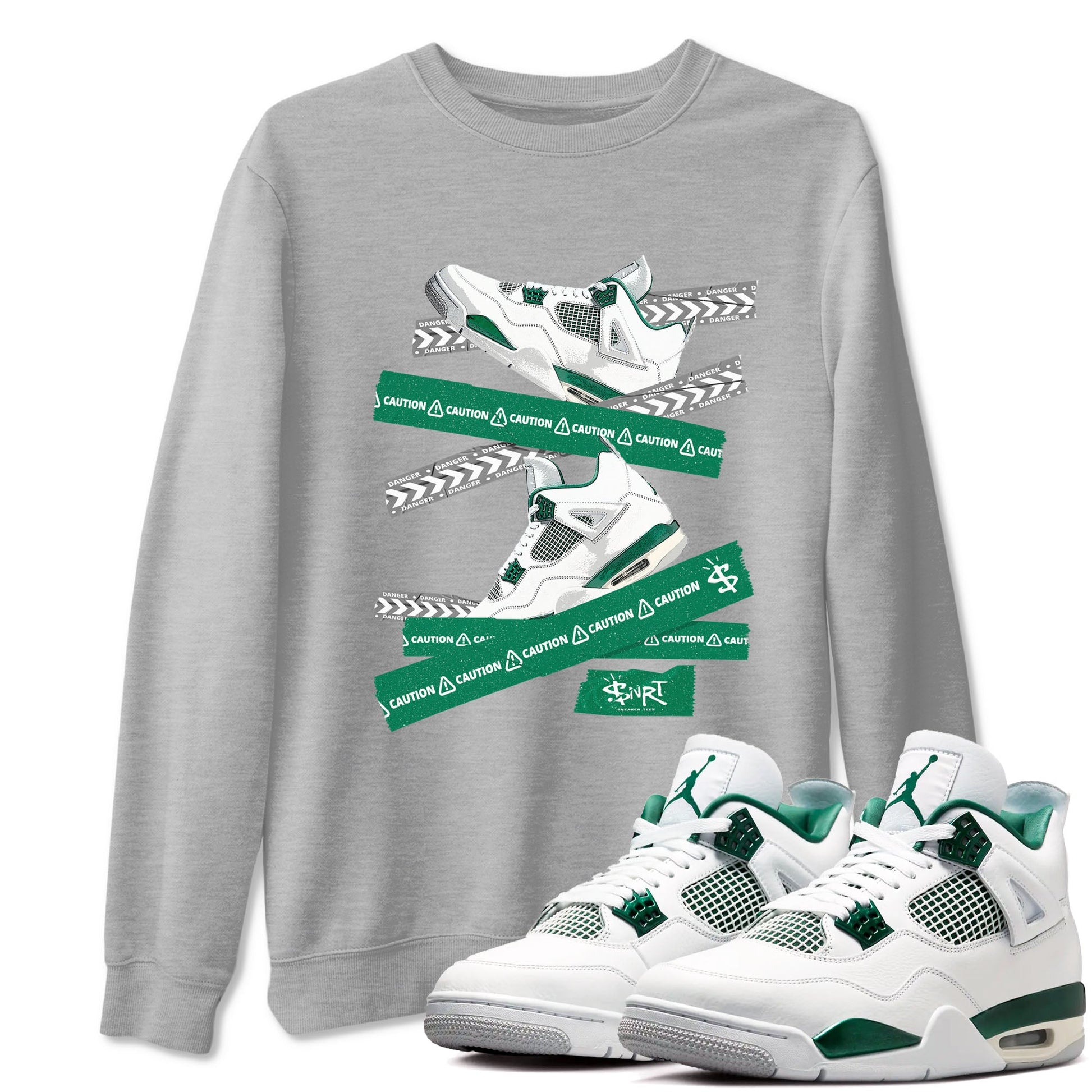 4s Oxidized Green shirts to match jordans Caution Tape sneaker match tees Air Jordan 4 Oxidized Green SNRT Sneaker Tees streetwear brand Heather Grey 1 unisex cotton tee