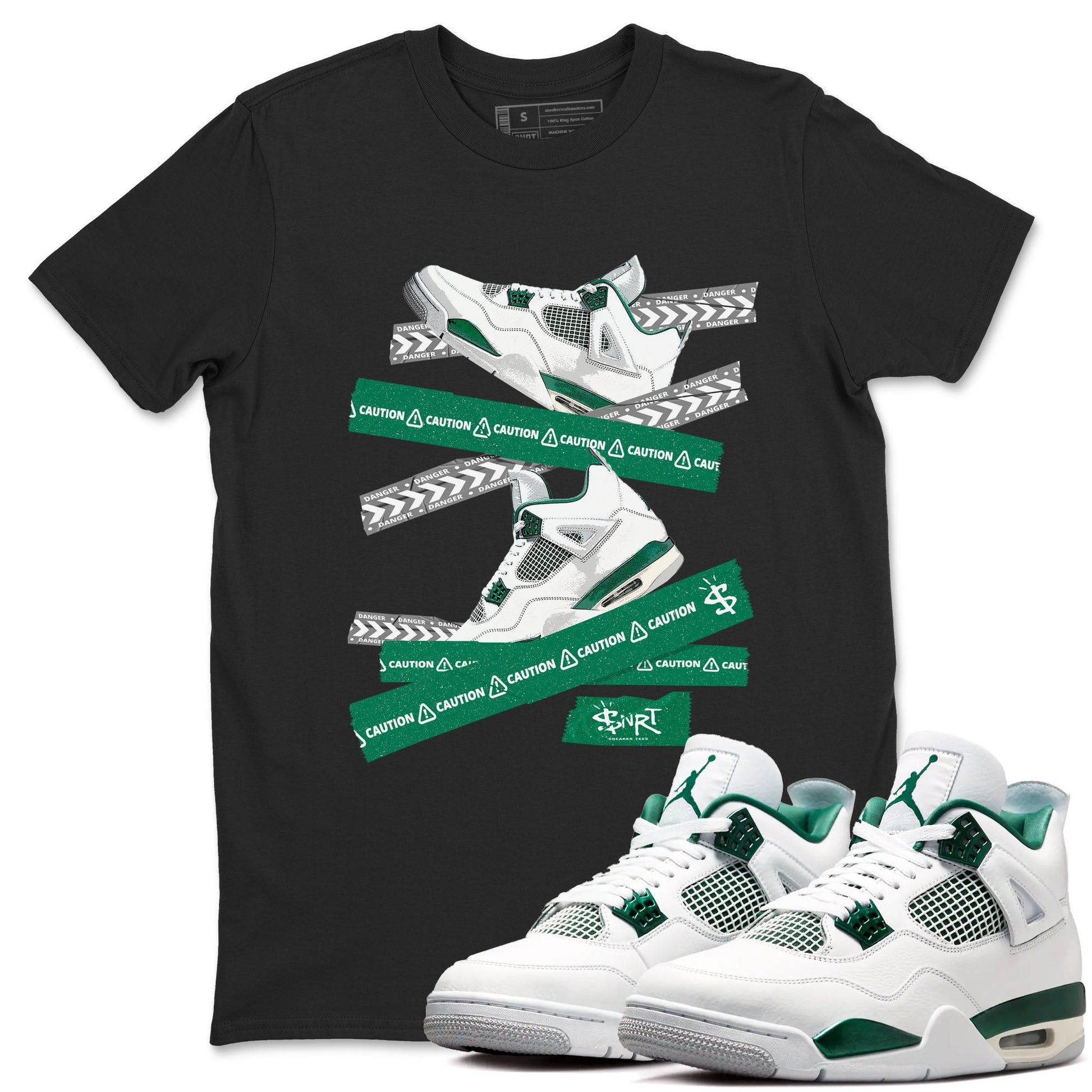 4s Oxidized Green shirts to match jordans Caution Tape sneaker match tees Air Jordan 4 Oxidized Green SNRT Sneaker Tees streetwear brand Black 1 unisex cotton tee