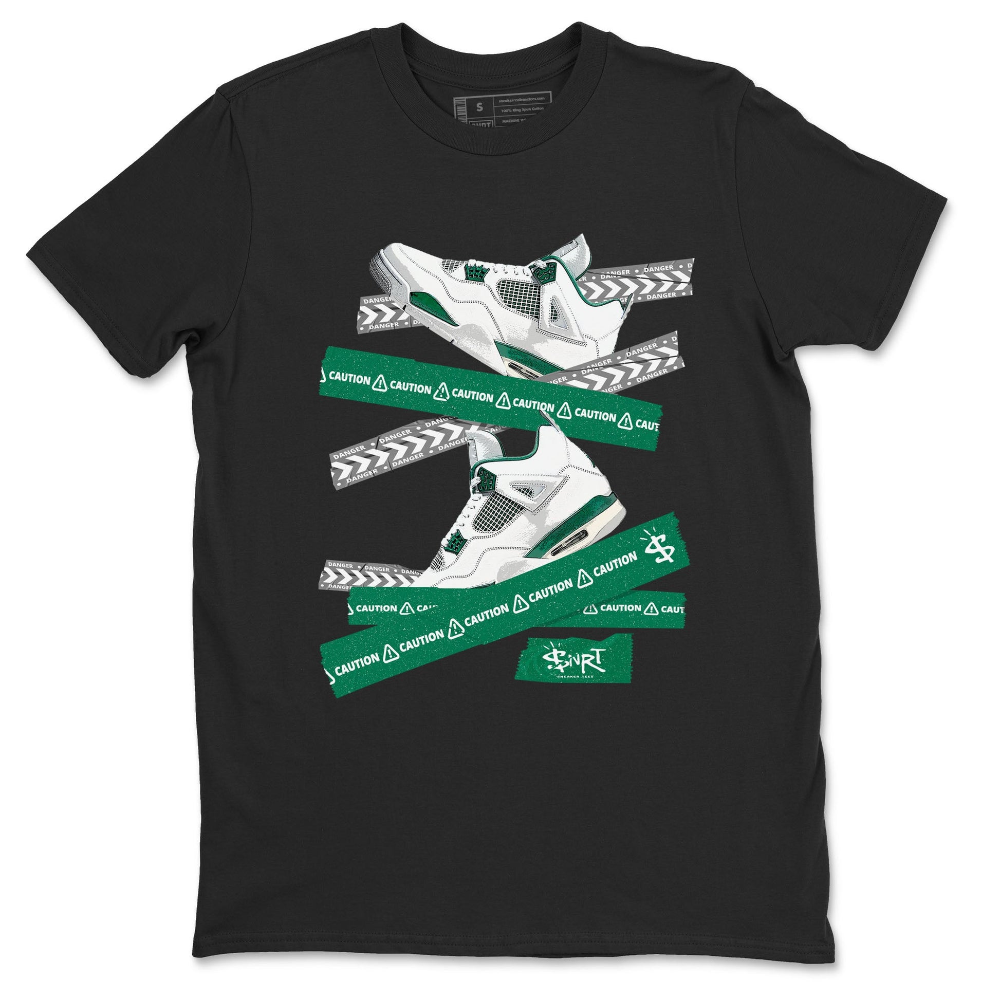 4s Oxidized Green shirts to match jordans Caution Tape sneaker match tees Air Jordan 4 Oxidized Green SNRT Sneaker Tees streetwear brand Black 2 unisex cotton tee