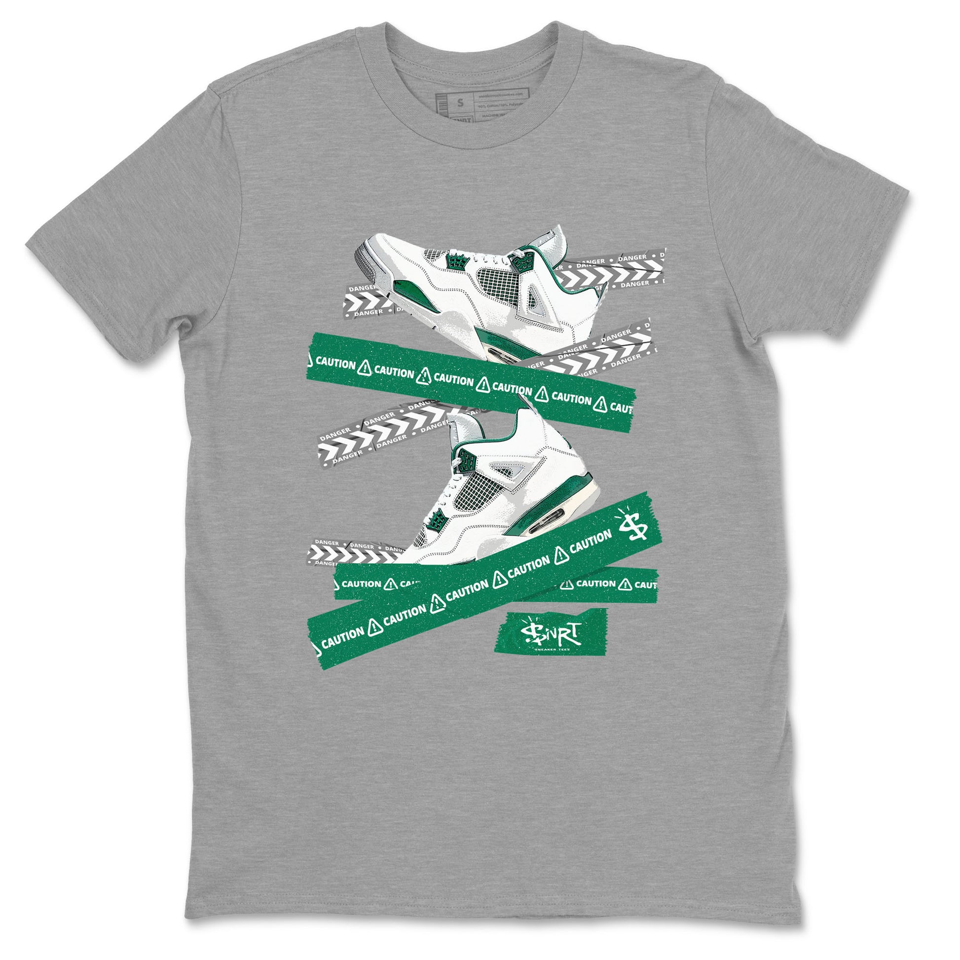 4s Oxidized Green shirts to match jordans Caution Tape sneaker match tees Air Jordan 4 Oxidized Green SNRT Sneaker Tees streetwear brand Heather Grey 2 unisex cotton tee