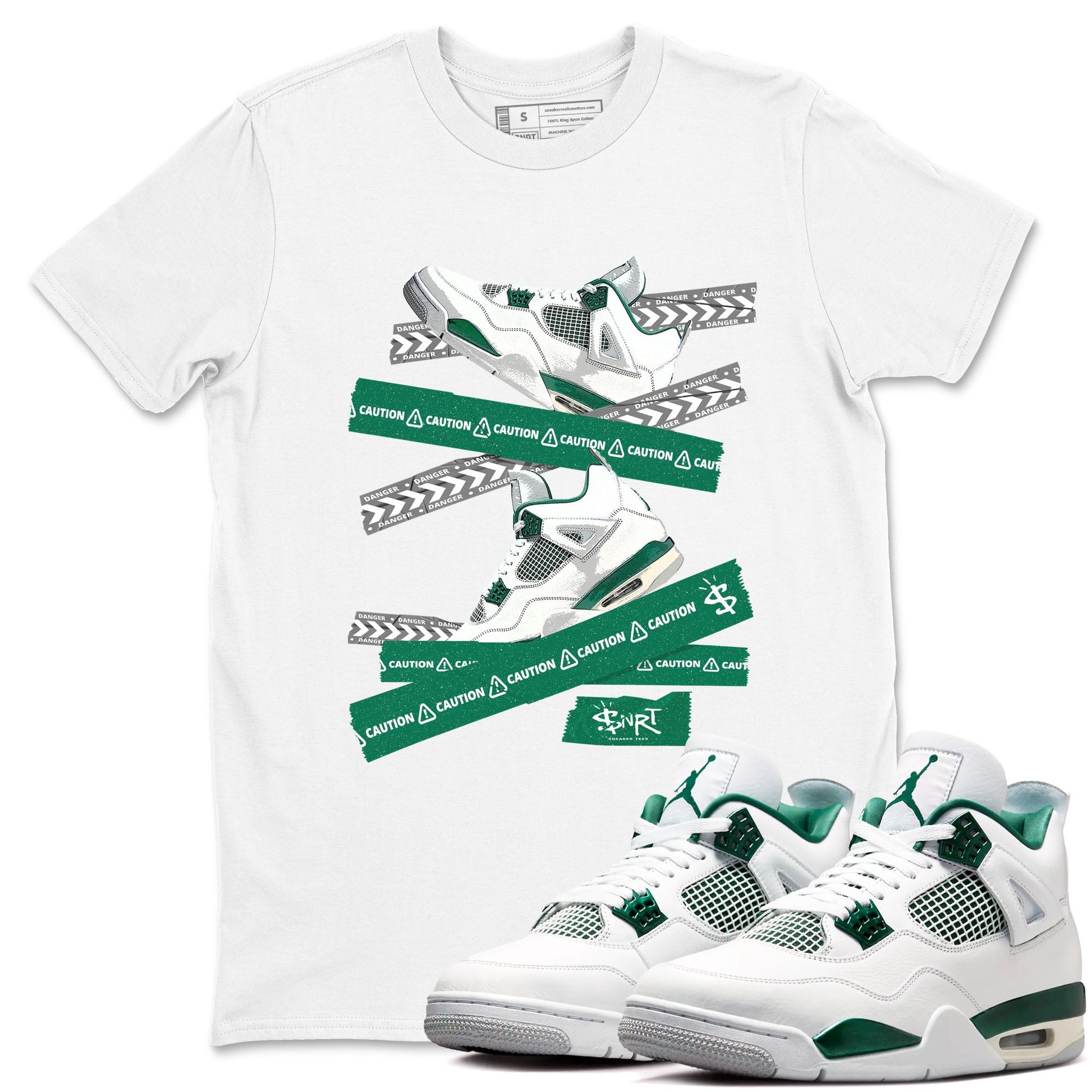 4s Oxidized Green shirts to match jordans Caution Tape sneaker match tees Air Jordan 4 Oxidized Green SNRT Sneaker Tees streetwear brand White 1 unisex cotton tee