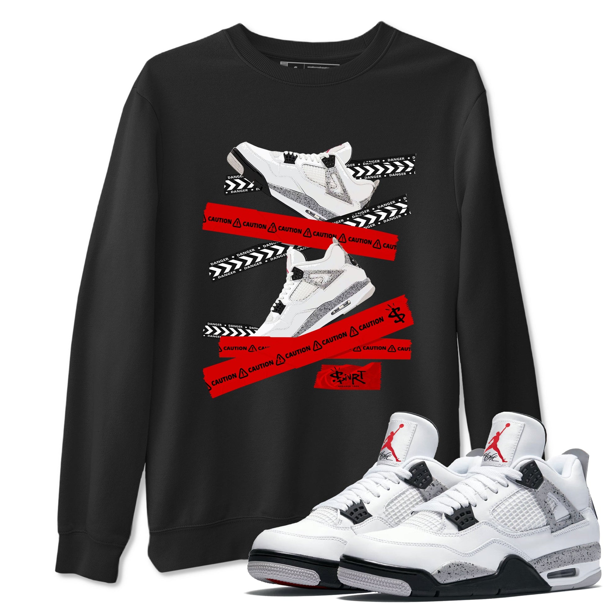Caution Tape sneaker match t-shirt styled to complete your fit with the Air Jordan 4 White Cement sneakers, shown in Black 1.