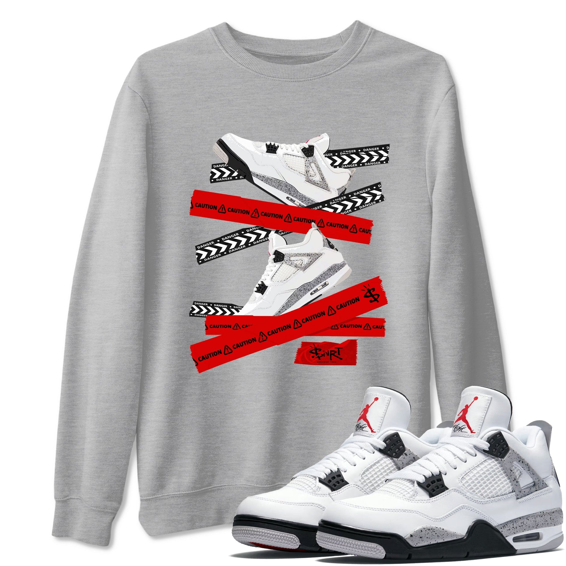 Caution Tape sneaker match t-shirt styled to complete your fit with the Air Jordan 4 White Cement sneakers, shown in Heather Grey 1.