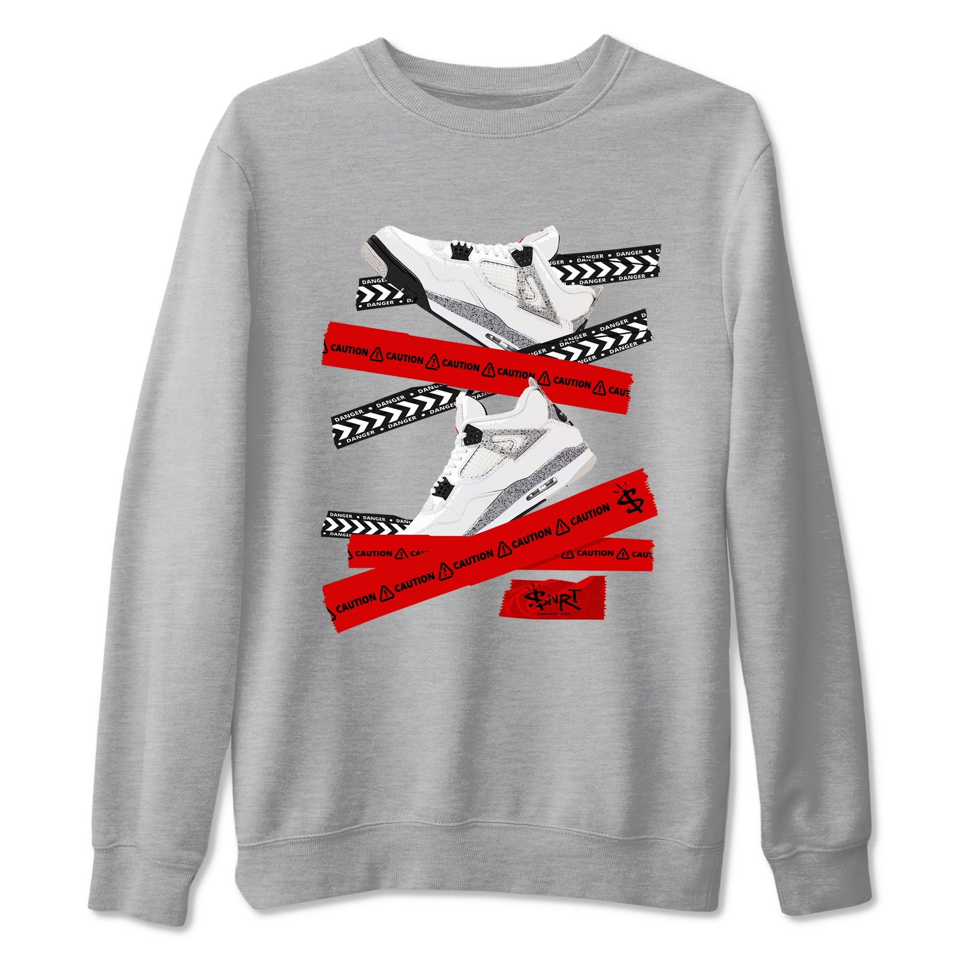 Caution Tape sneaker match t-shirt styled to complete your fit with the Air Jordan 4 White Cement sneakers, shown in Heather Grey 2.