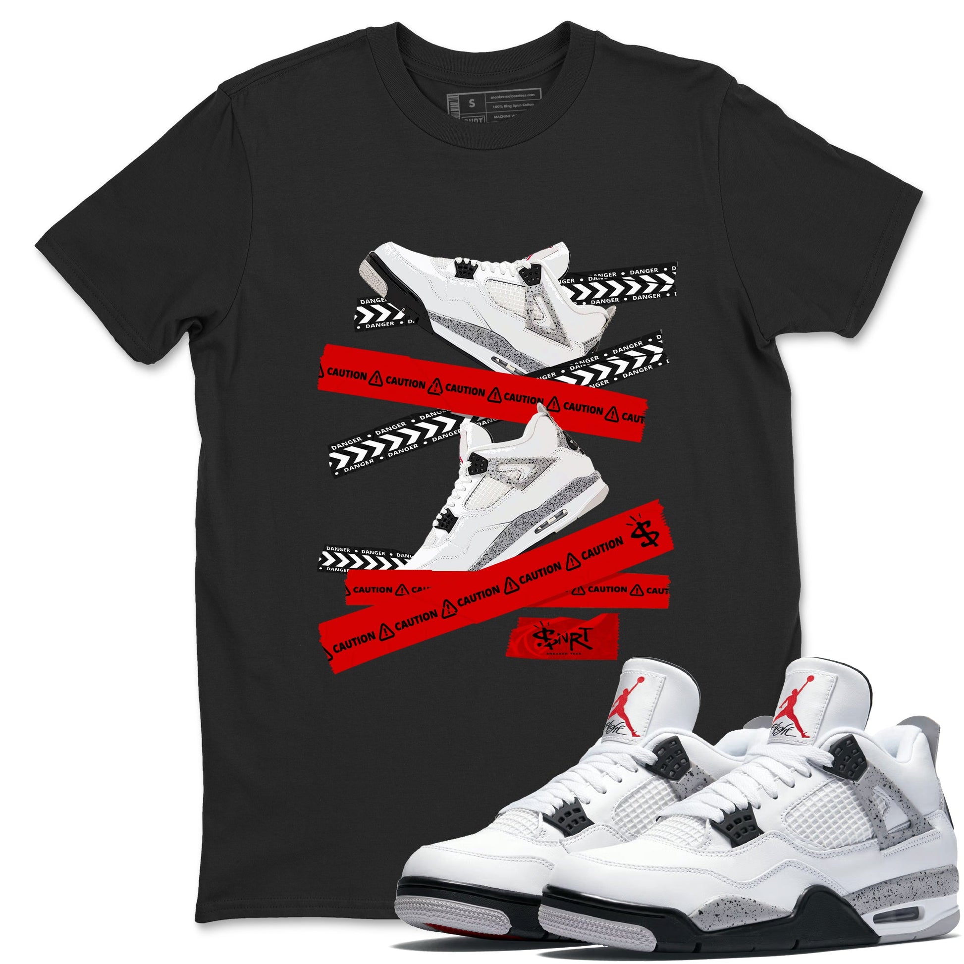 Caution Tape sneaker match t-shirt styled to complete your fit with the Air Jordan 4 White Cement sneakers, shown in Black 1.