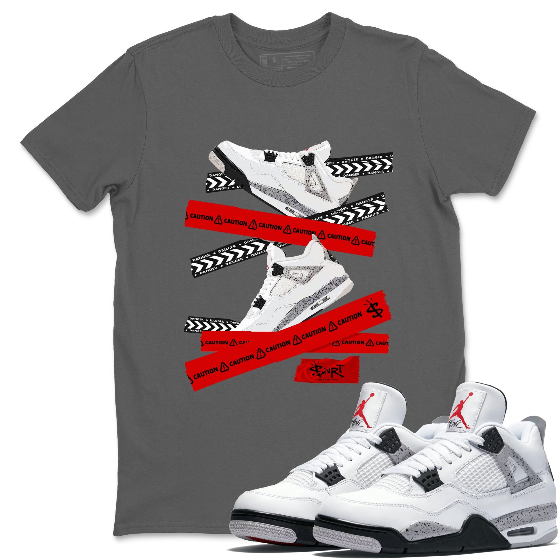 Caution Tape sneaker match t-shirt styled to complete your fit with the Air Jordan 4 White Cement sneakers, shown in Cool Grey 1.