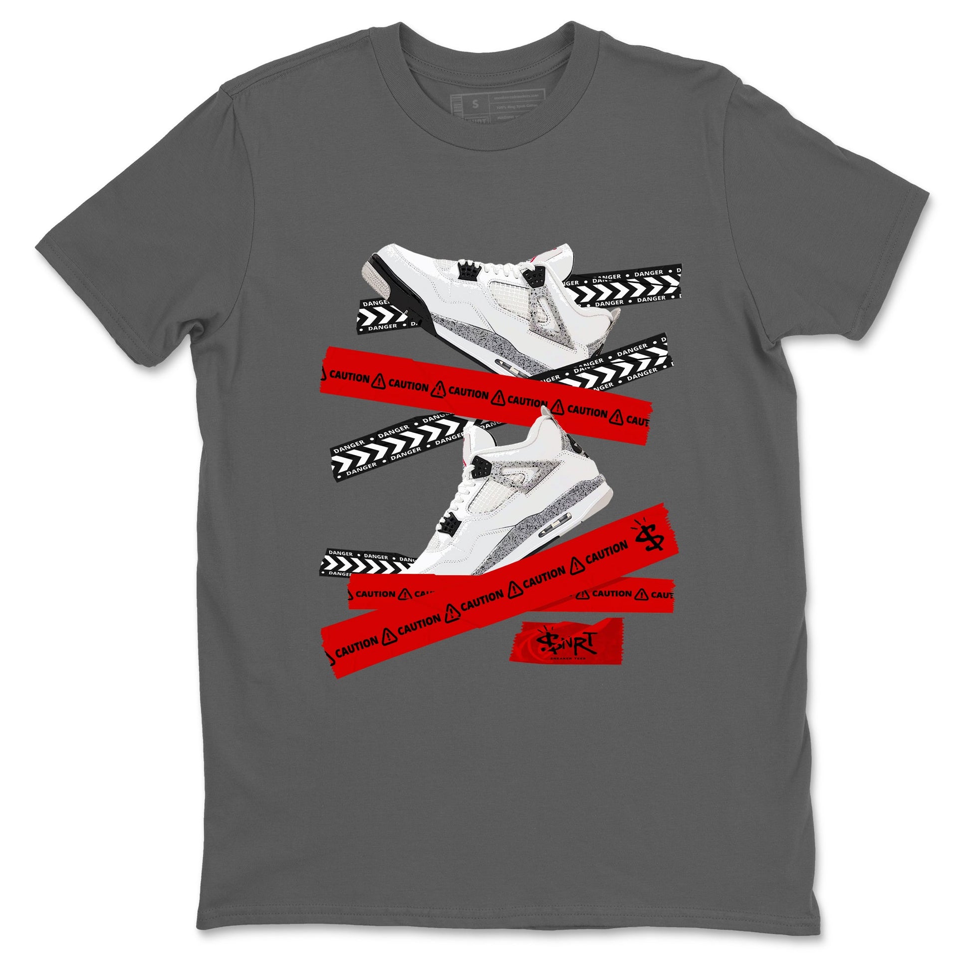 Caution Tape sneaker match t-shirt styled to complete your fit with the Air Jordan 4 White Cement sneakers, shown in Cool Grey 2.