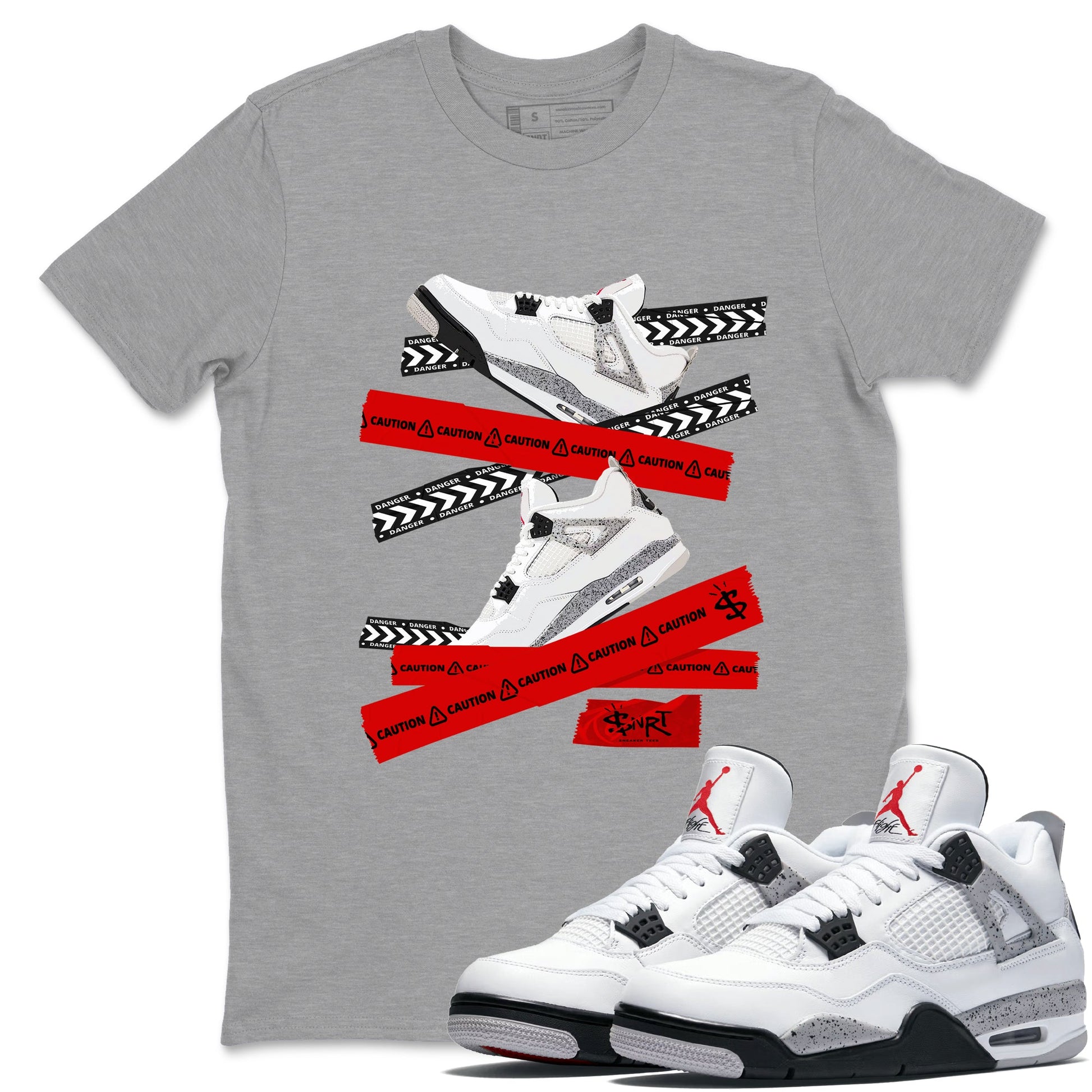 Caution Tape sneaker match t-shirt styled to complete your fit with the Air Jordan 4 White Cement sneakers, shown in Heather Grey 1.