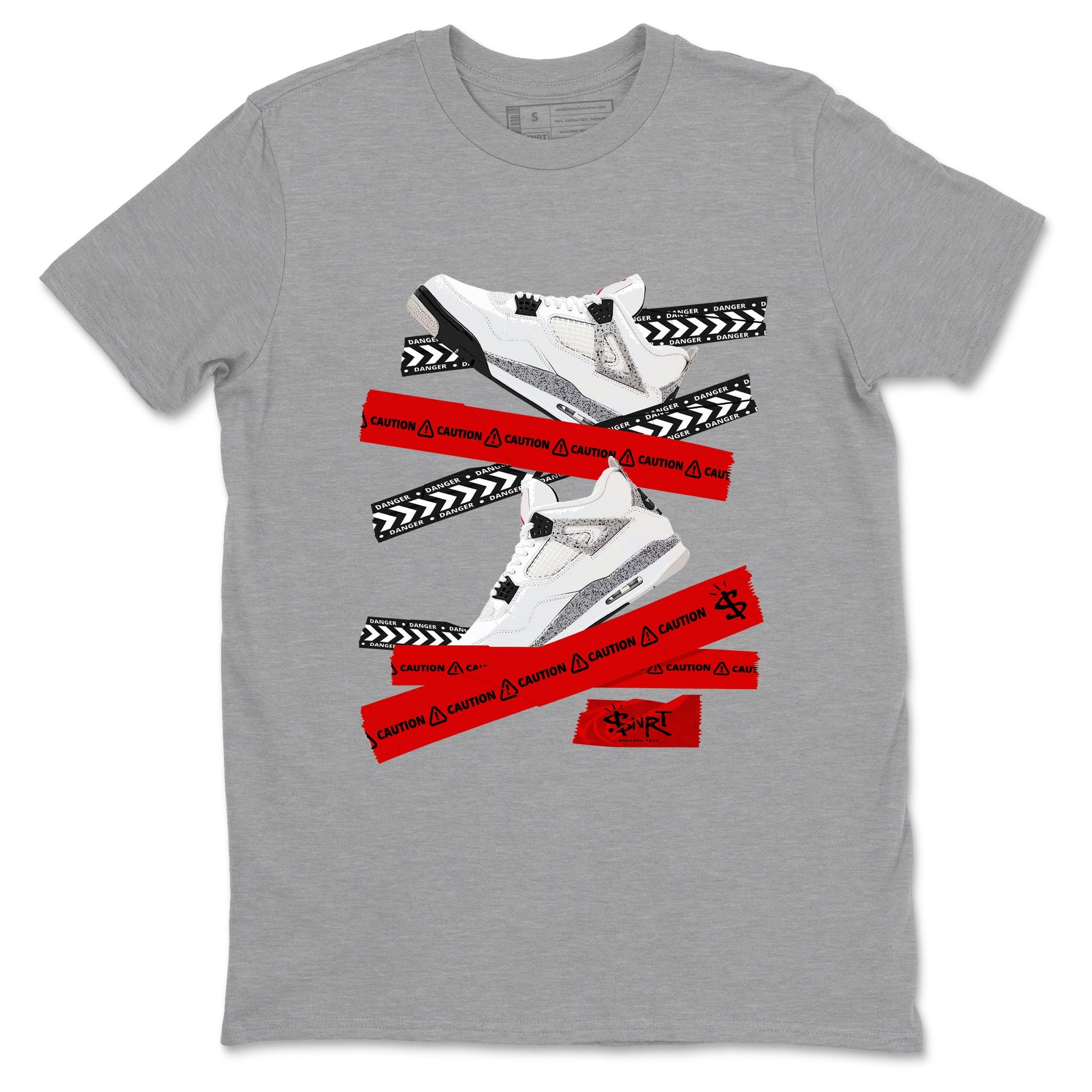 Caution Tape sneaker match t-shirt styled to complete your fit with the Air Jordan 4 White Cement sneakers, shown in Heather Grey 2.