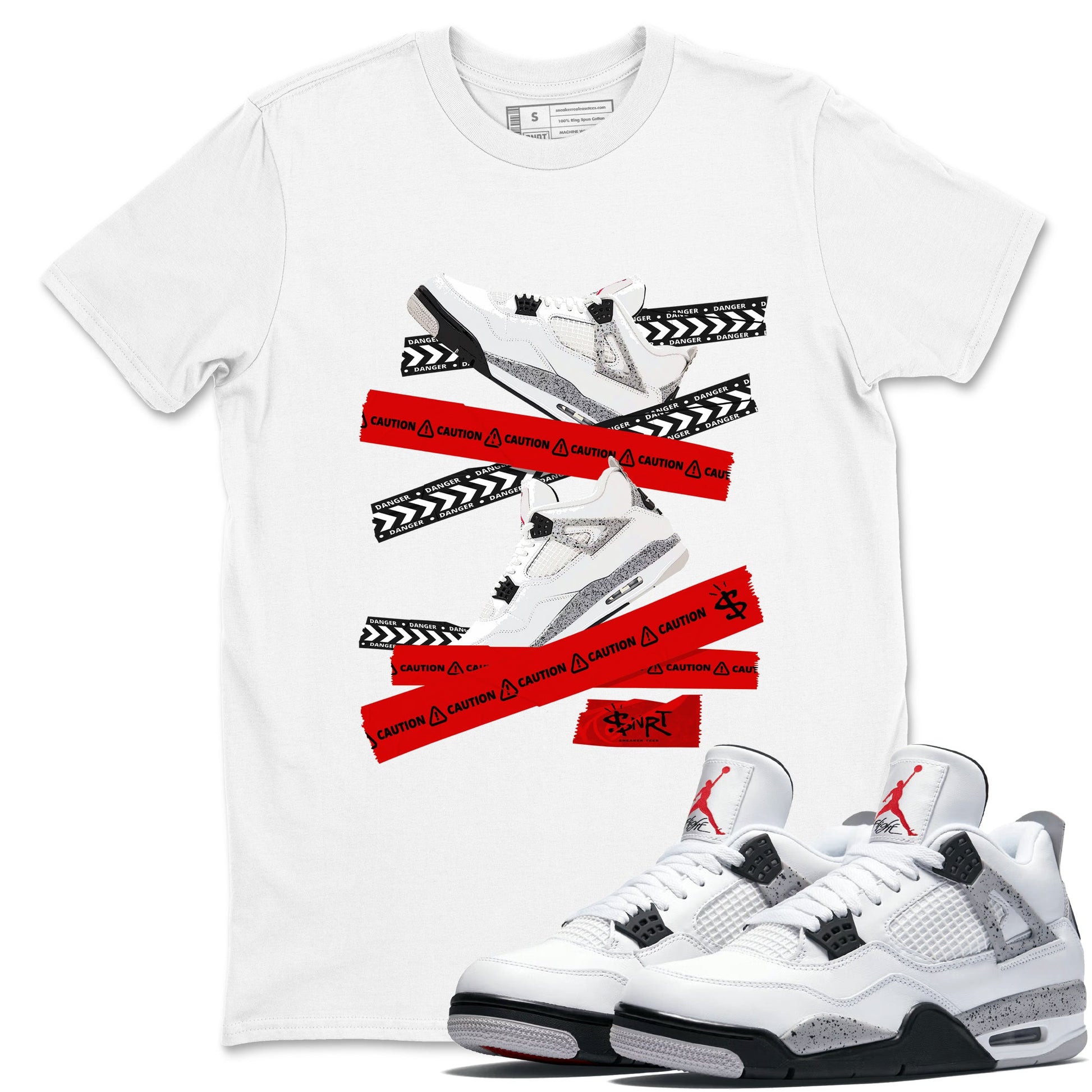 Caution Tape sneaker match t-shirt styled to complete your fit with the Air Jordan 4 White Cement sneakers, shown in White 1.