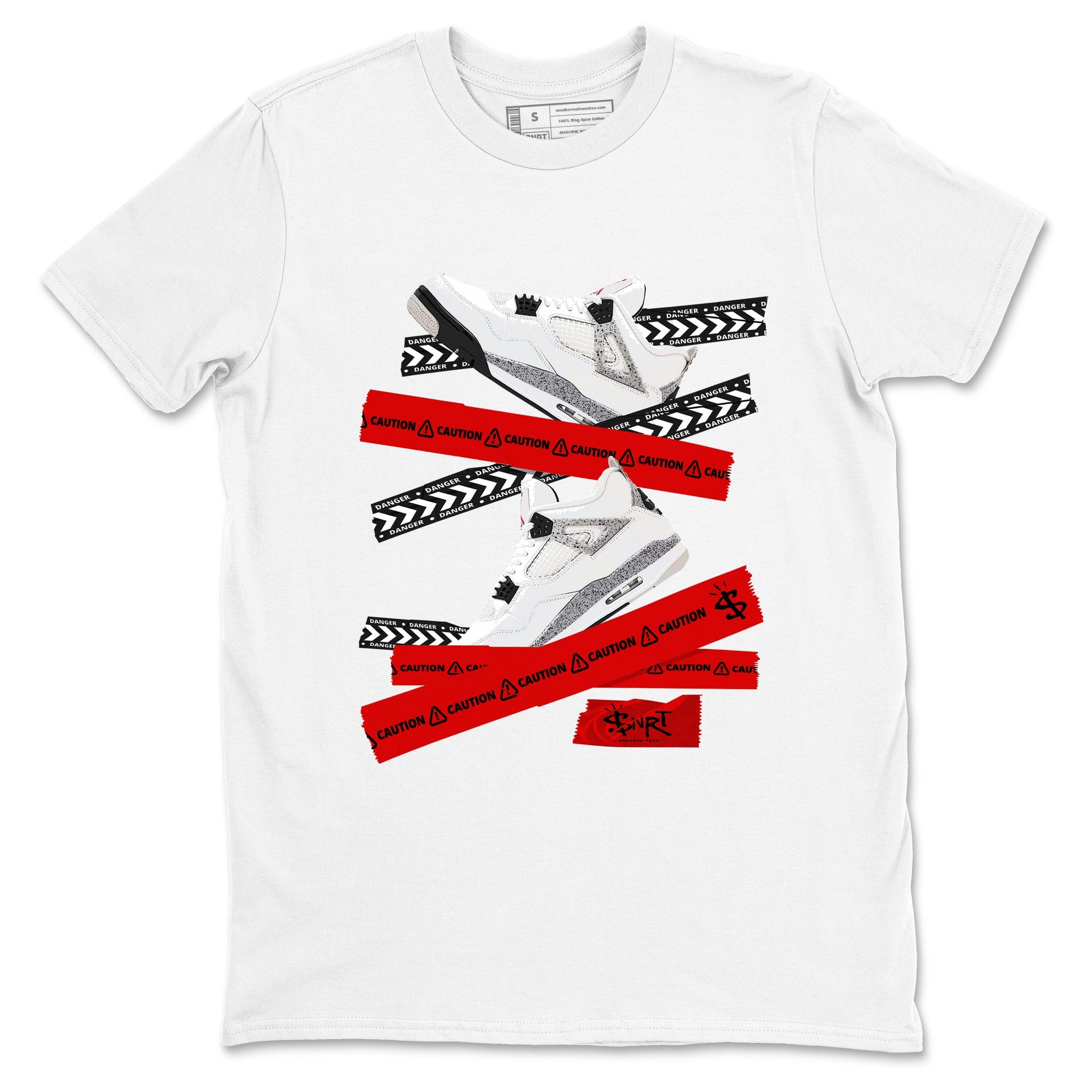 Caution Tape sneaker match t-shirt styled to complete your fit with the Air Jordan 4 White Cement sneakers, shown in White 2.