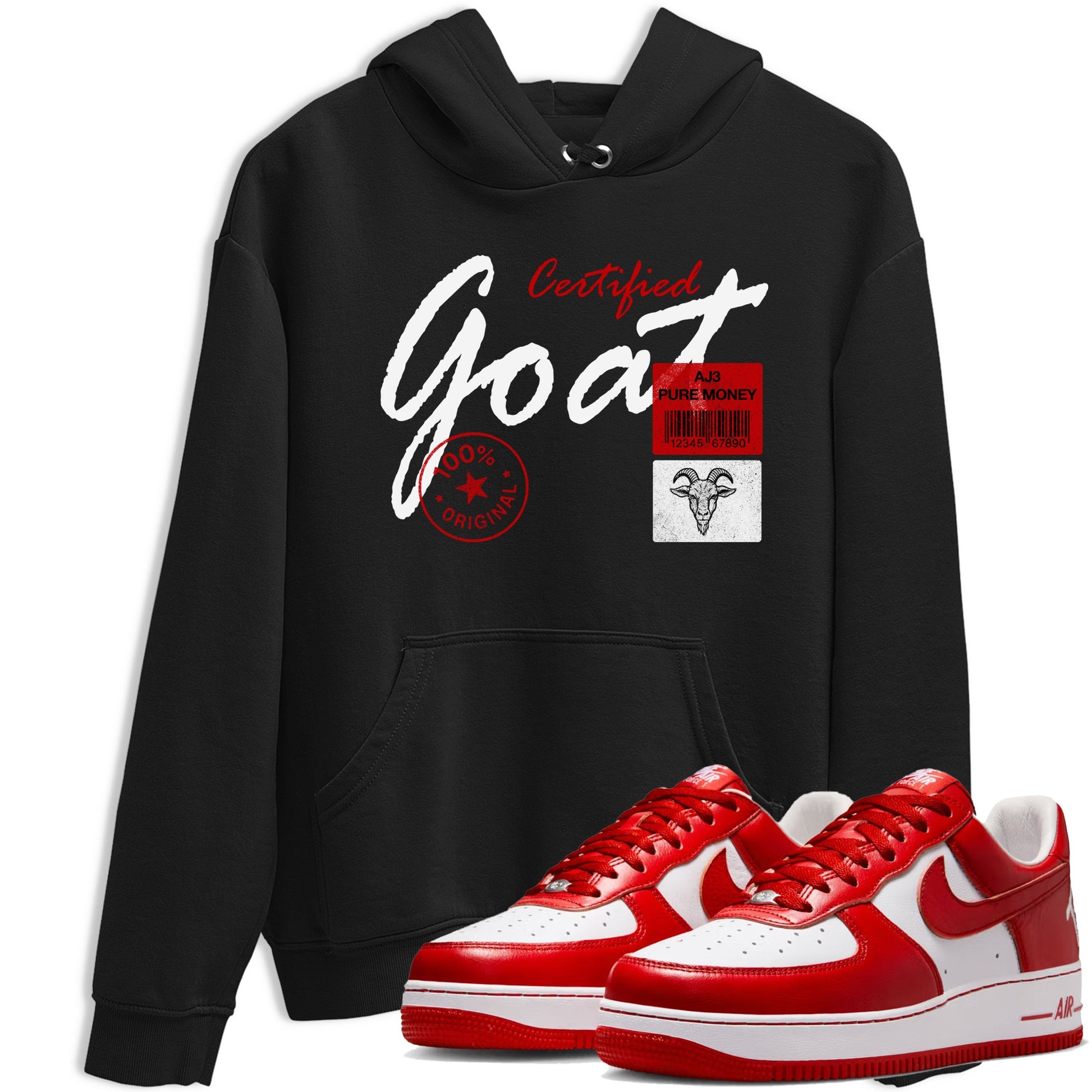 Certified Goat sneaker match t-shirt styled to complete your fit with the Air Force 1 University Red sneakers, shown in Black 1.