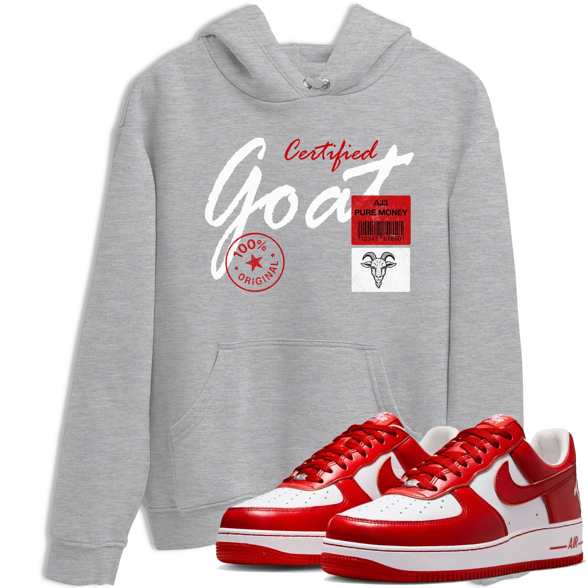 Certified Goat sneaker match t-shirt styled to complete your fit with the Air Force 1 University Red sneakers, shown in Heather Grey 1.