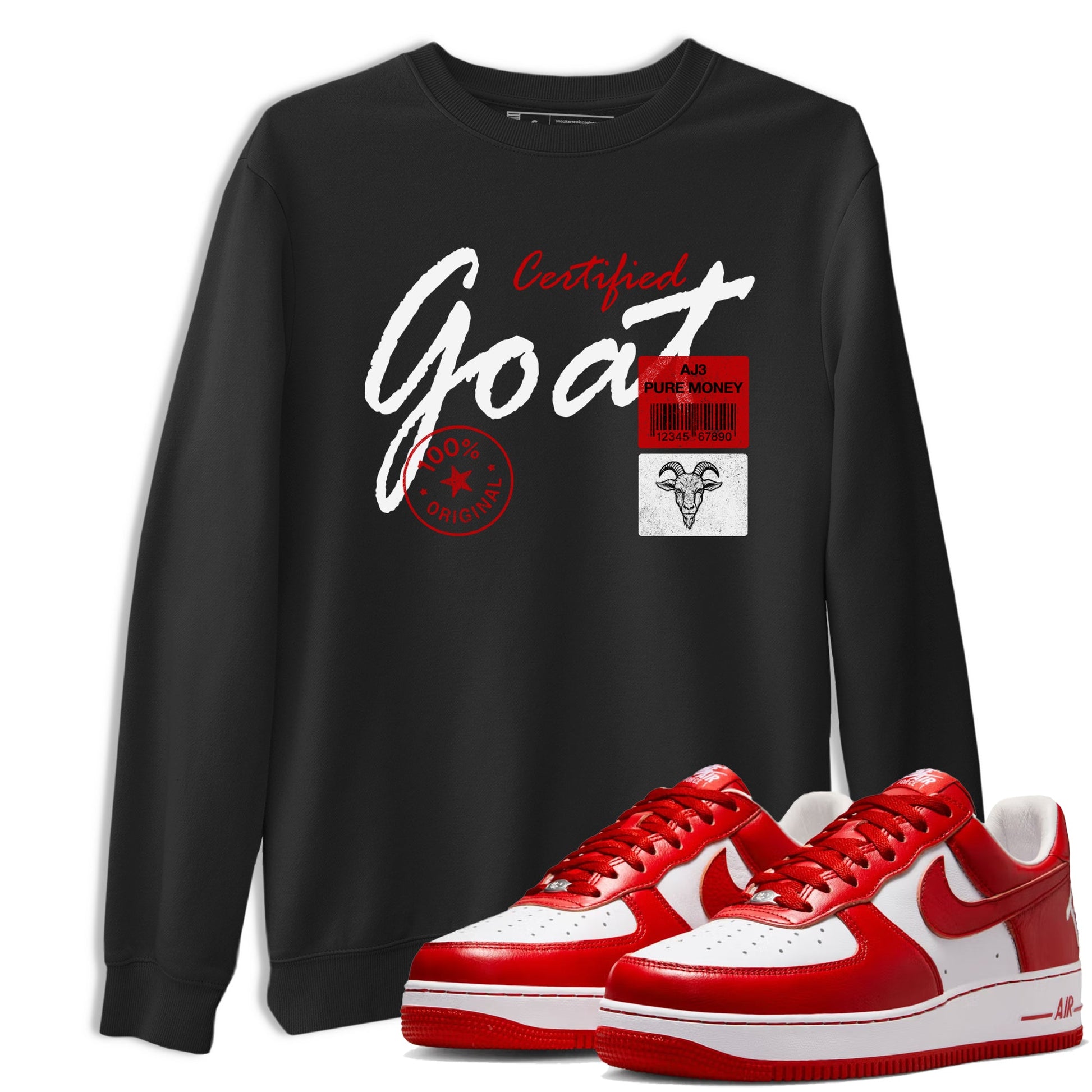 Certified Goat sneaker match t-shirt styled to complete your fit with the Air Force 1 University Red sneakers, shown in Black 1.
