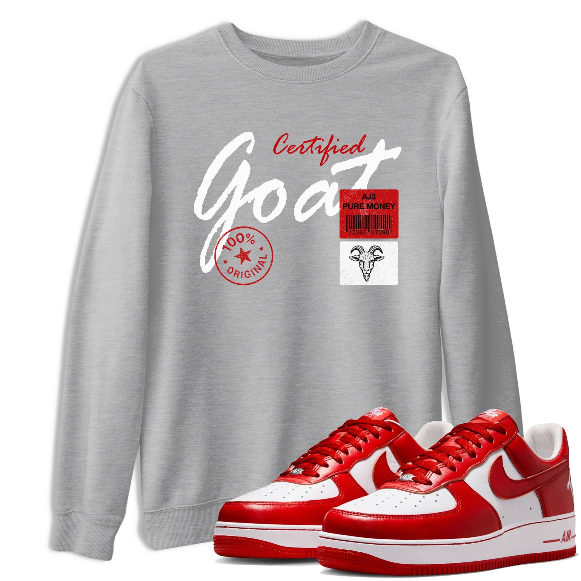 Certified Goat sneaker match t-shirt styled to complete your fit with the Air Force 1 University Red sneakers, shown in Heather Grey 1.