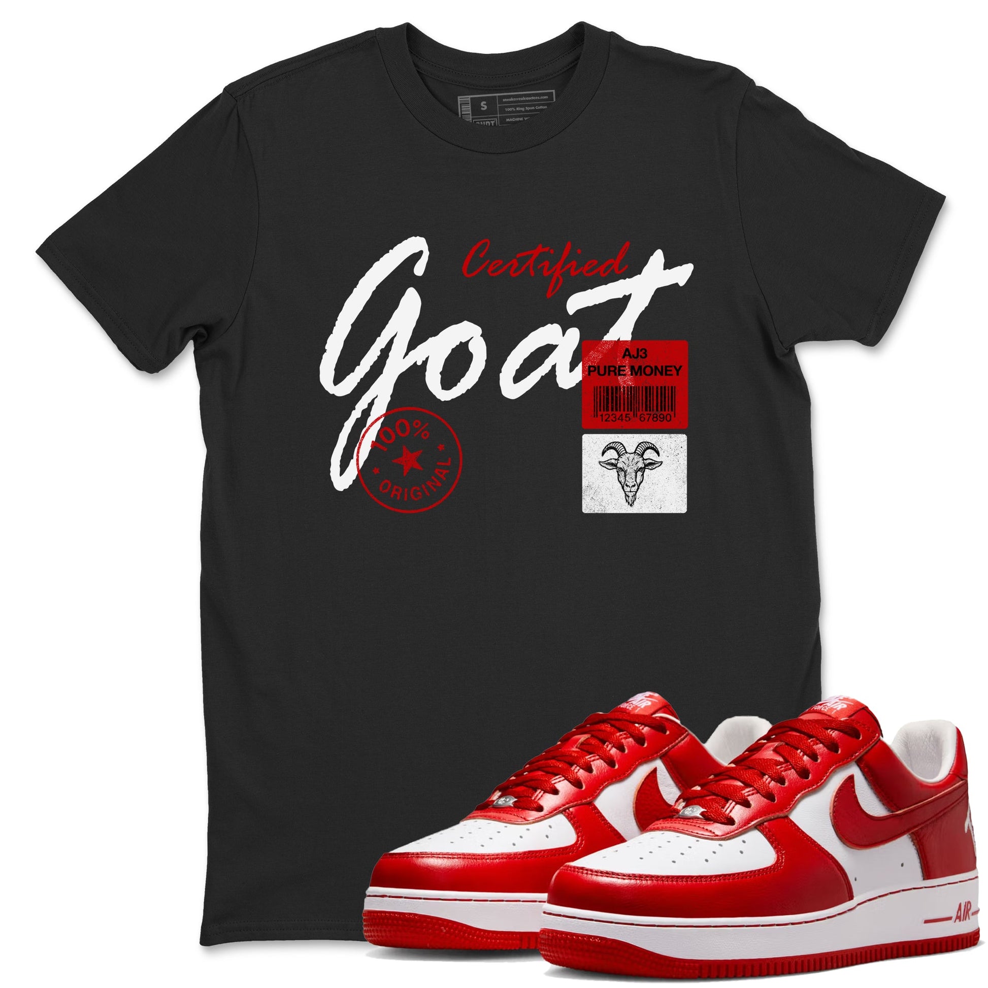 Certified Goat sneaker match t-shirt styled to complete your fit with the Air Force 1 University Red sneakers, shown in Black 1.