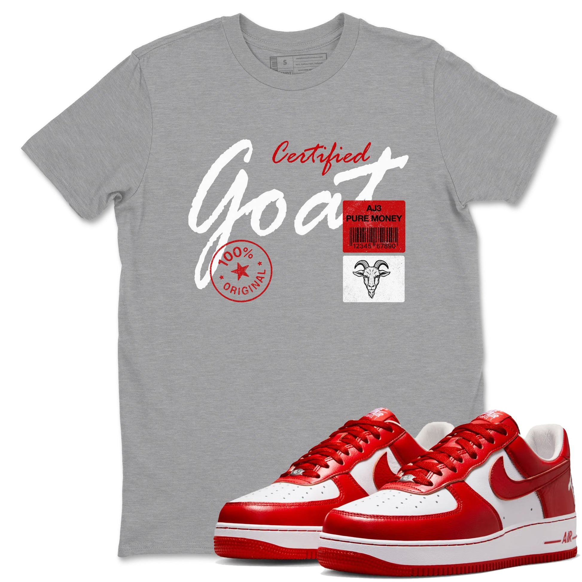 Certified Goat sneaker match t-shirt styled to complete your fit with the Air Force 1 University Red sneakers, shown in Heather Grey 1.