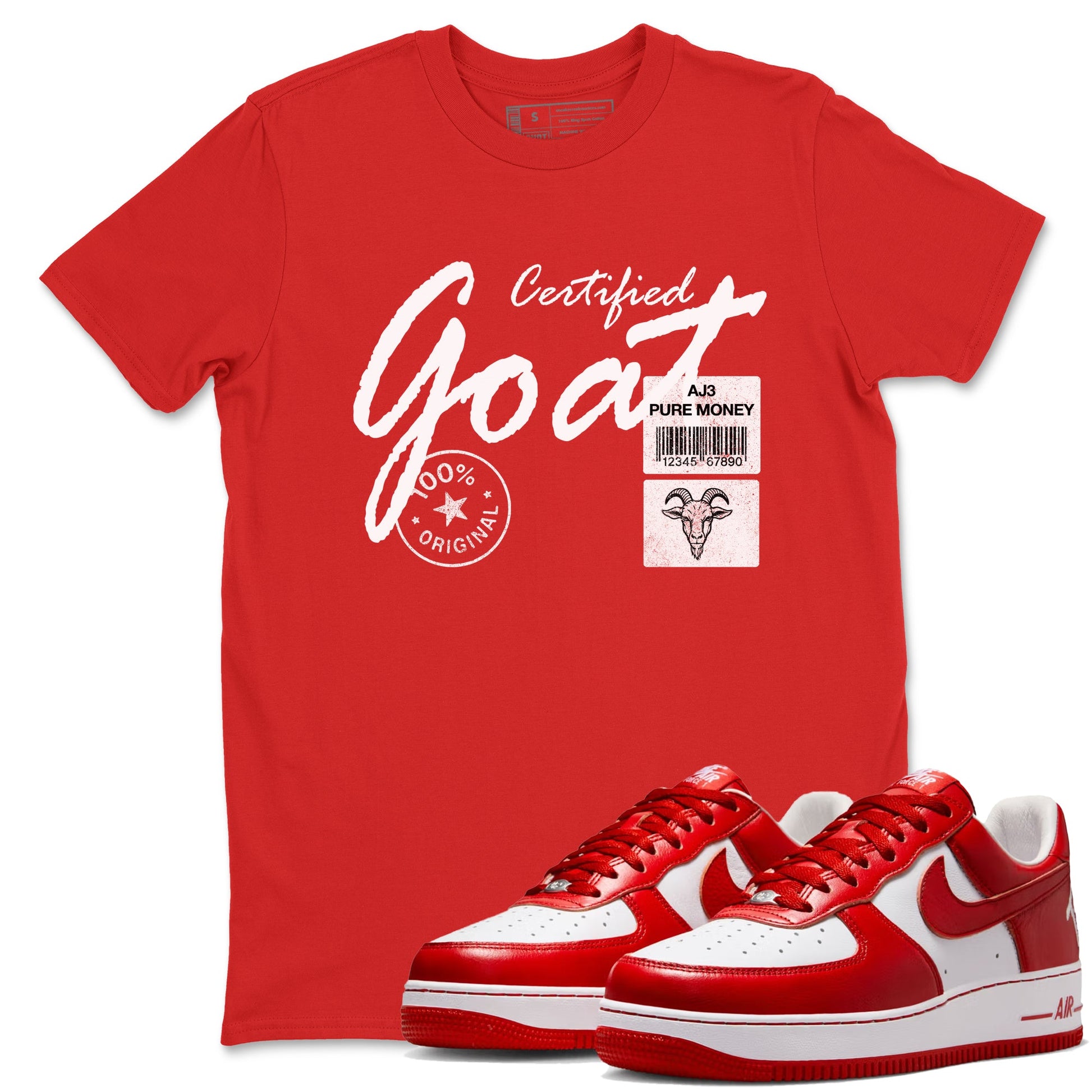 Certified Goat sneaker match t-shirt styled to complete your fit with the Air Force 1 University Red sneakers, shown in Red 1.