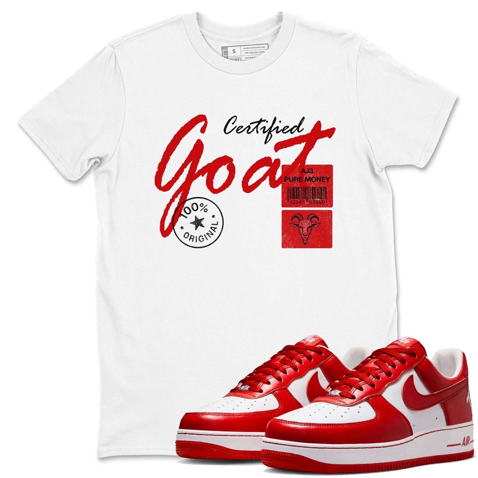 Certified Goat sneaker match t-shirt styled to complete your fit with the Air Force 1 University Red sneakers, shown in White 1.