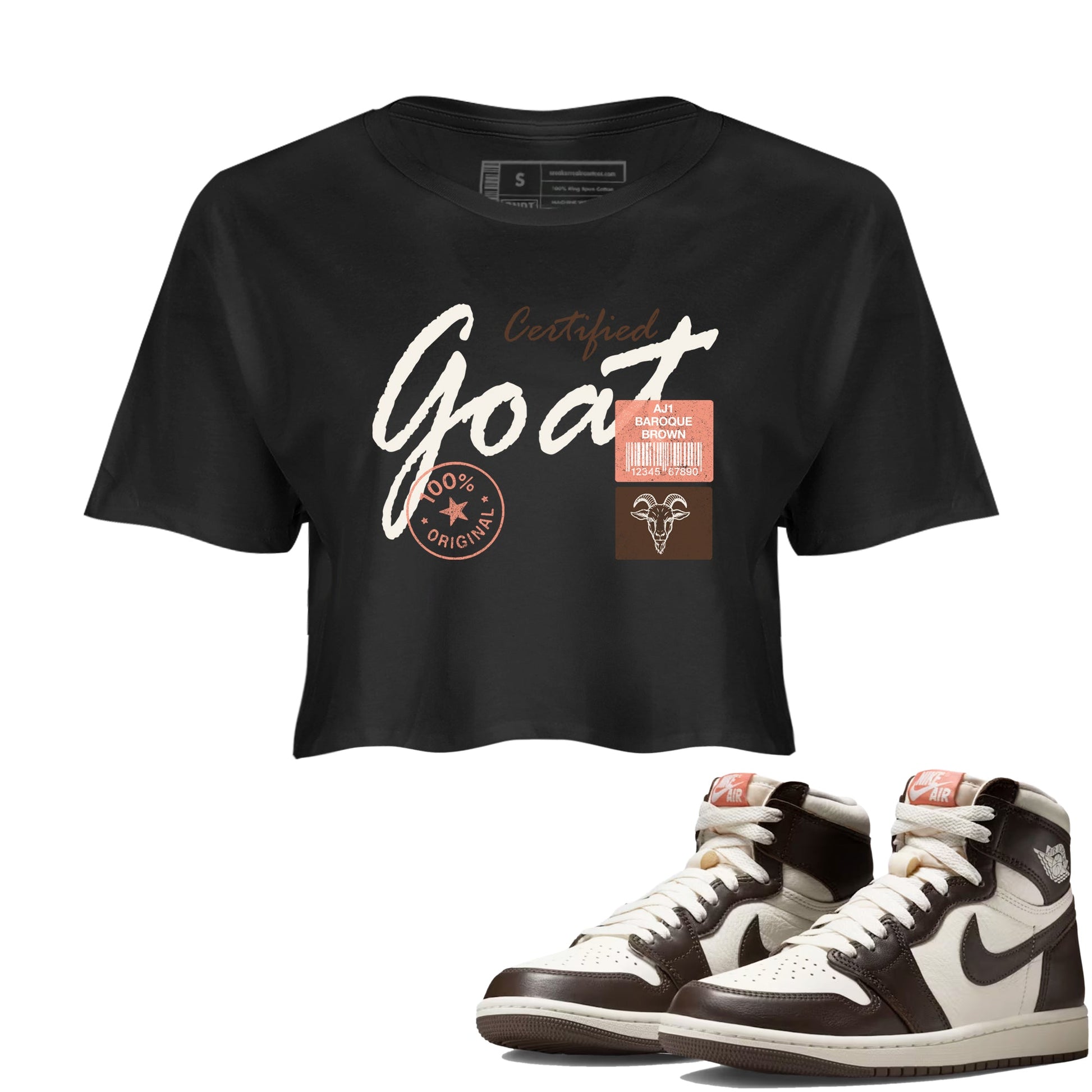 Sneaker match tees – Sneaker Tees To Match Air Jordan 1 Baroque Brown Shoes – Certified Goat Crop T-Shirt Black 1