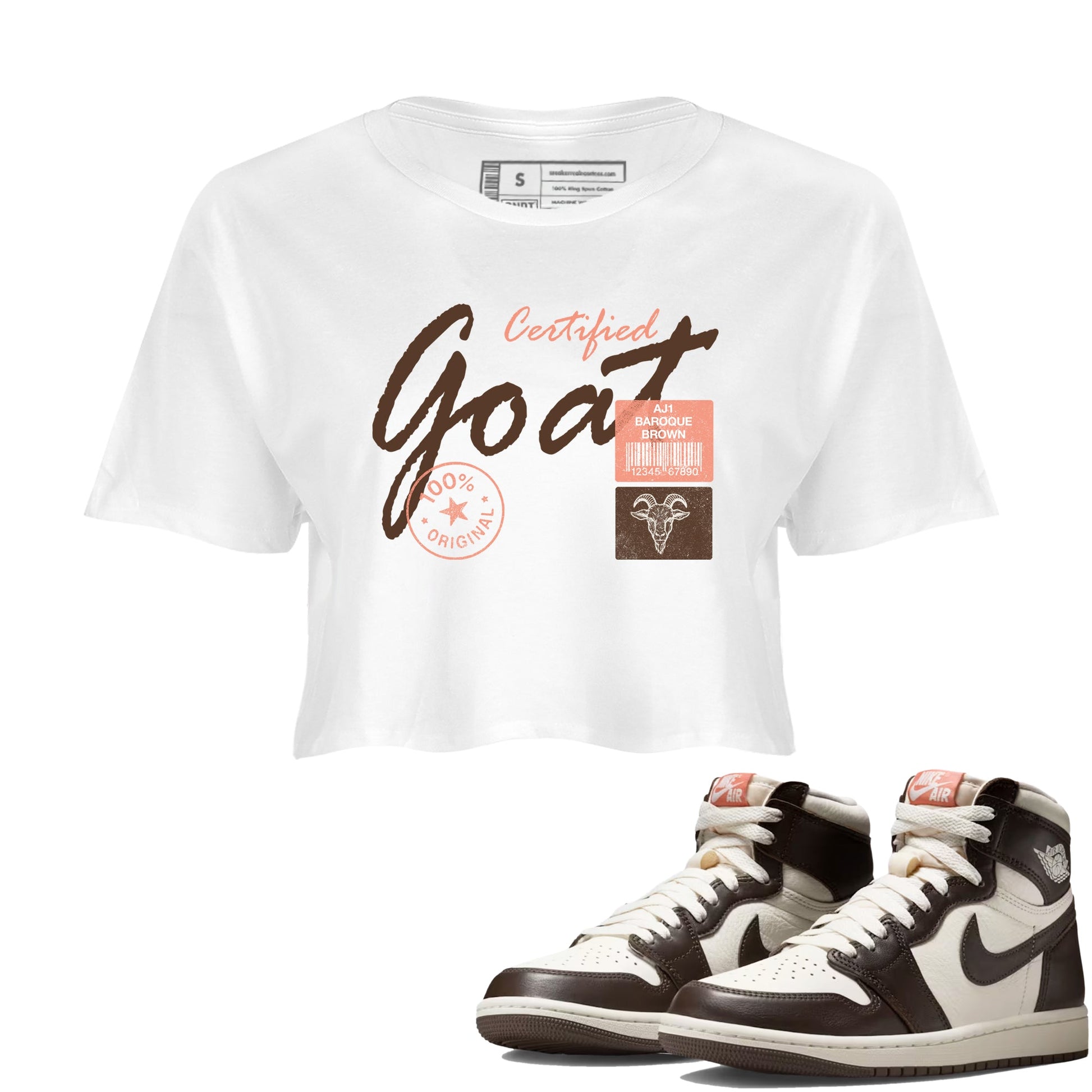 Sneaker match tees – Sneaker Tees To Match Air Jordan 1 Baroque Brown Shoes – Certified Goat Crop T-Shirt White 1