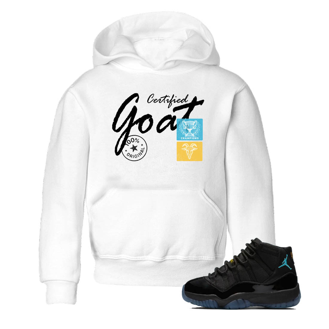Sneaker Threads – Sneaker Tees To Match Air Jordan 11 Retro Gamma – Certified Goat Youth Graphic Tee White 1. Perfect for Jordan releases 2025 colorways.