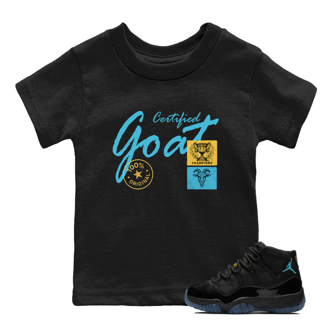 Sneaker Threads – Sneaker Tees To Match Air Jordan 11 Retro Gamma – Certified Goat Youth Graphic Tee Black 1. Perfect for Jordan releases 2025 colorways.