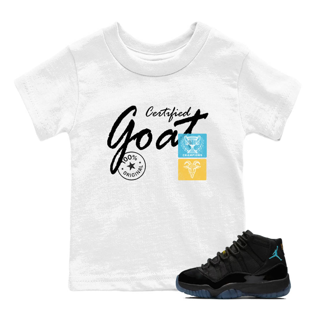 Sneaker Threads – Sneaker Tees To Match Air Jordan 11 Retro Gamma – Certified Goat Youth Graphic Tee White 1. Perfect for Jordan releases 2025 colorways.