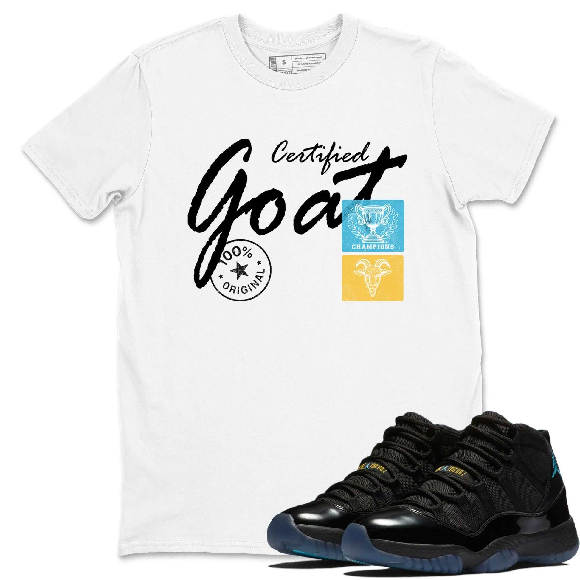 Sneaker Threads – Sneaker Tees To Match Air Jordan 11 Retro Gamma – Certified Goat Graphic Tee White 1. Perfect for Jordan releases 2025 colorways.