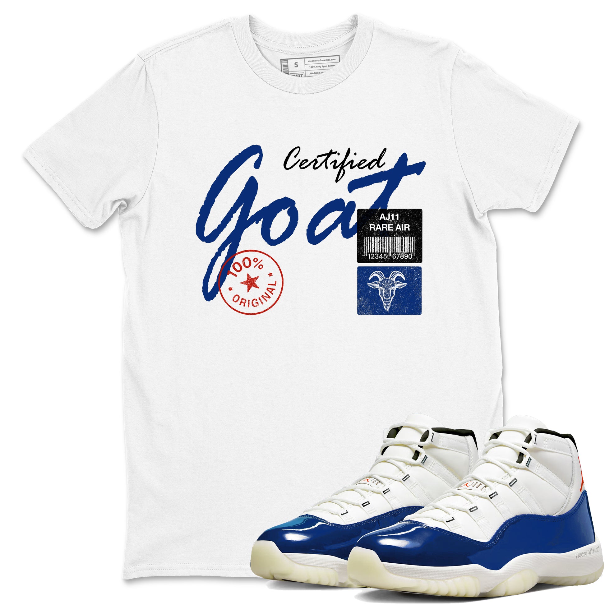 White t-shirt with 'Certified Goat' design and blue and white sneakers on a white background
