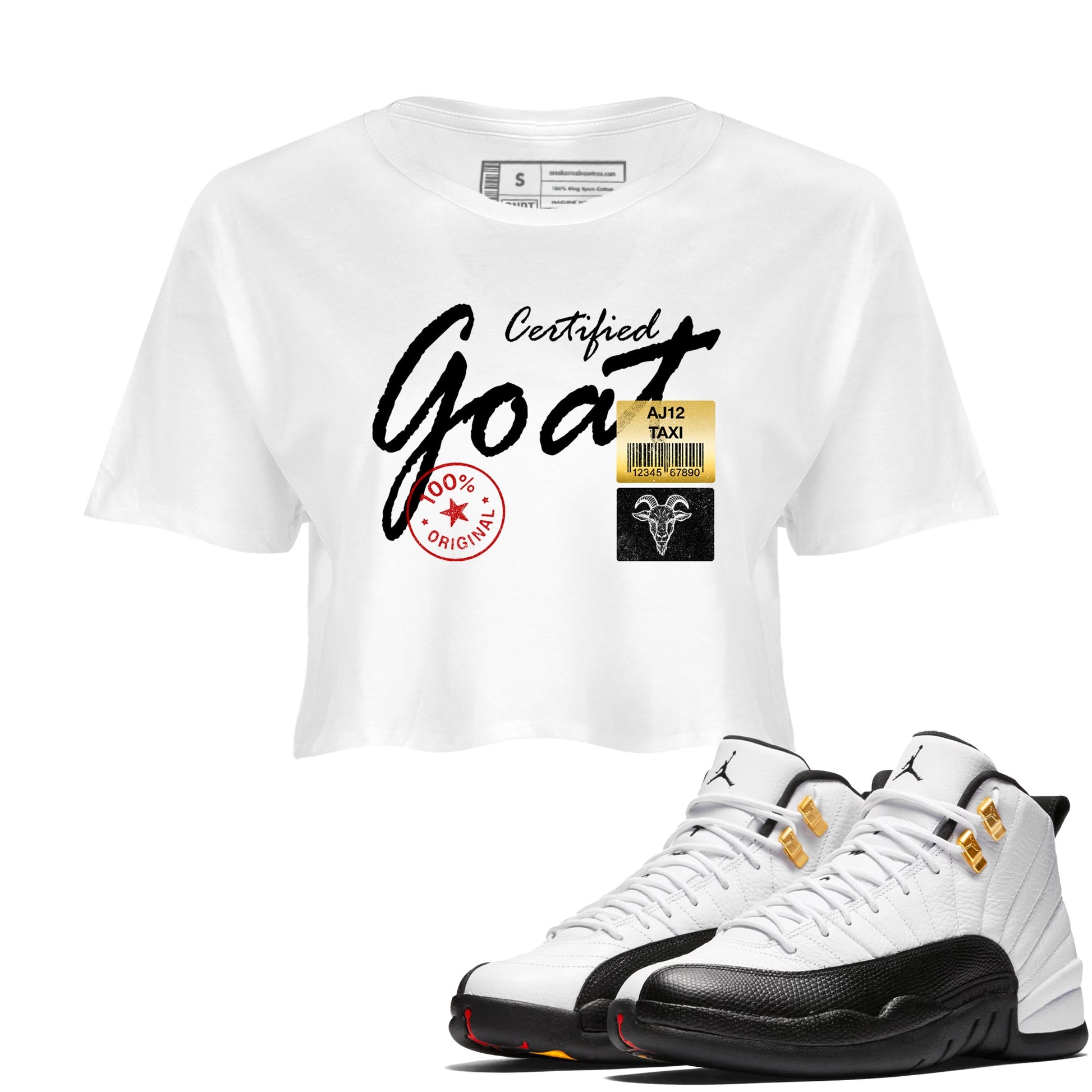 Sneaker match tees – Sneaker Tees To Match Air Jordan 12 Taxi Shoes – Certified Goat Crop T-Shirt White 1