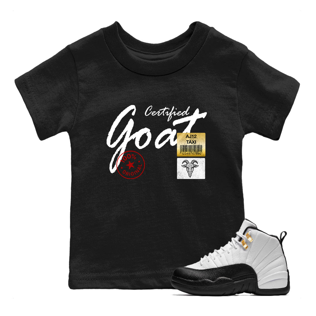 Sneaker match tees – Sneaker Tees To Match Air Jordan 12 Taxi Shoes – Certified Goat Kids T-Shirt Black 1