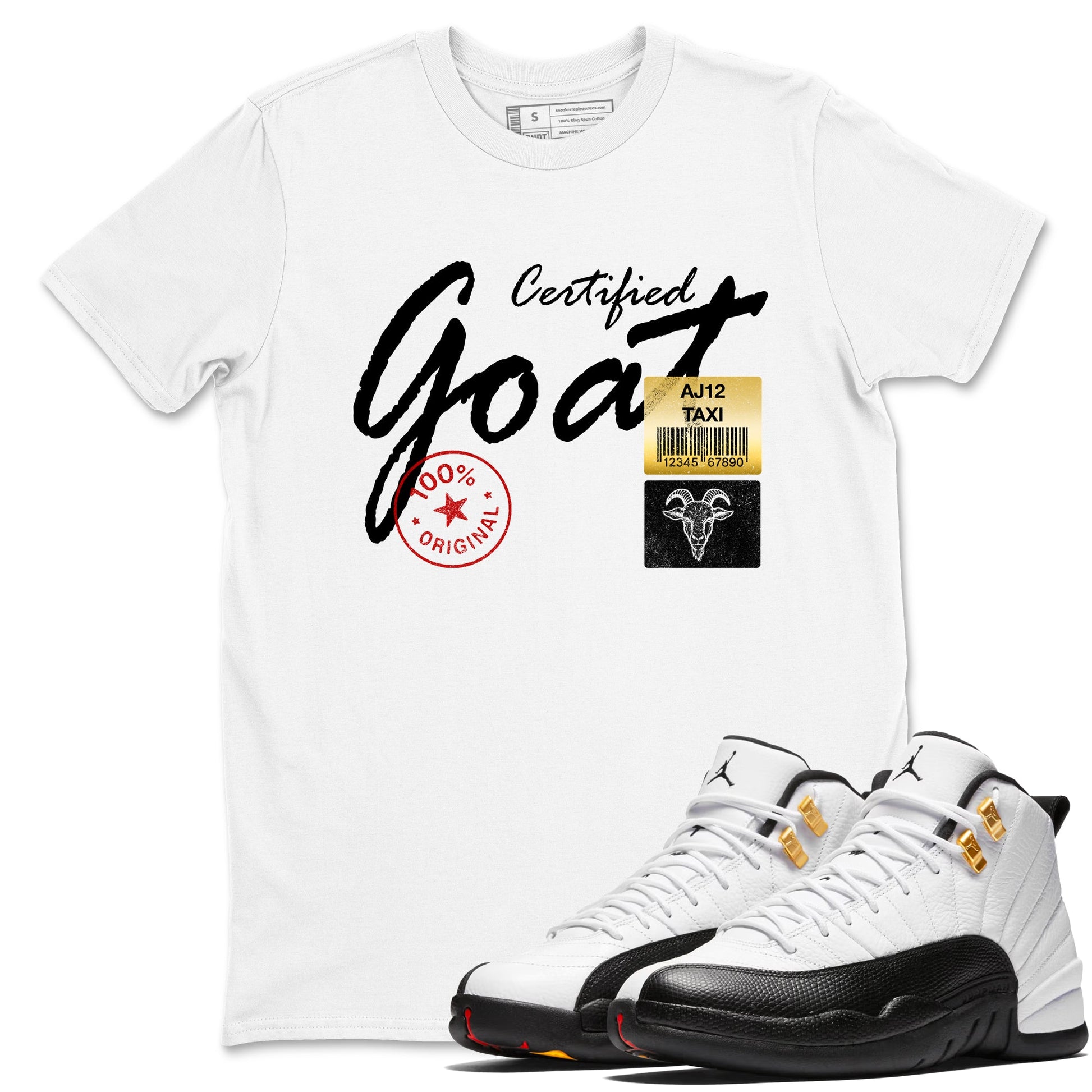 Sneaker match tees – Sneaker Tees To Match Air Jordan 12 Taxi Shoes – Certified Goat Tee White 1