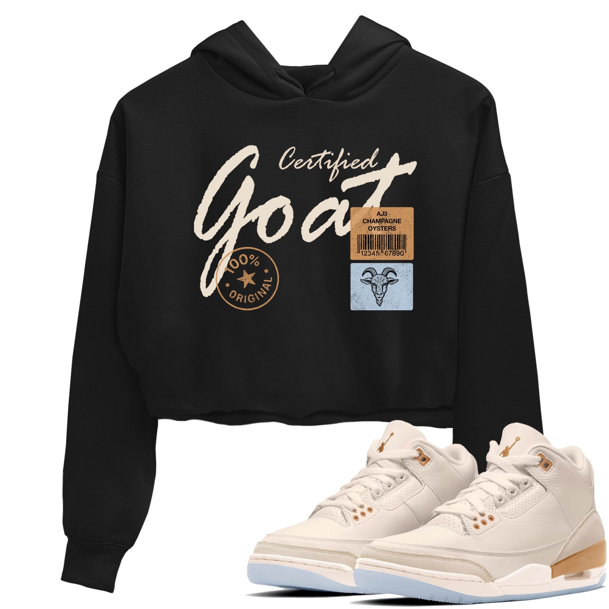 Sneaker match tees – Sneaker Tees To Match Air Jordan 3 Champagne and Oysters Shoes – Certified Goat Crop T-Shirt Black 1